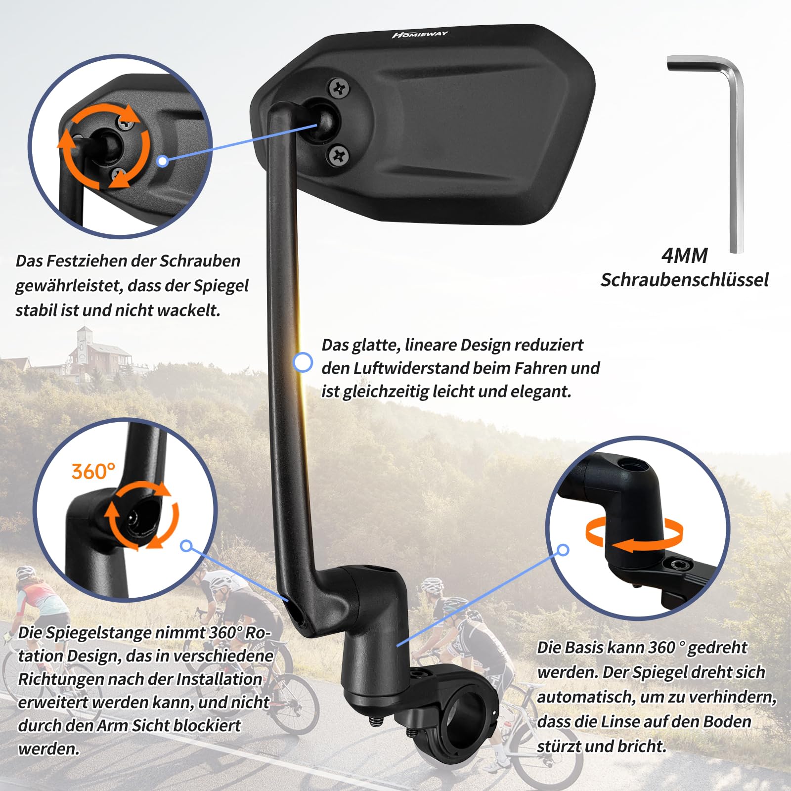 Espejo Retrovisor Bicicleta, Plegable Espejo Eléctrico para Bicicleta Apto para Bici de Montaña y Patinetes Eléctricos. Espejos Retrovisor Exterior para Manillar Izquierdo (22,2-25,4 mm).
