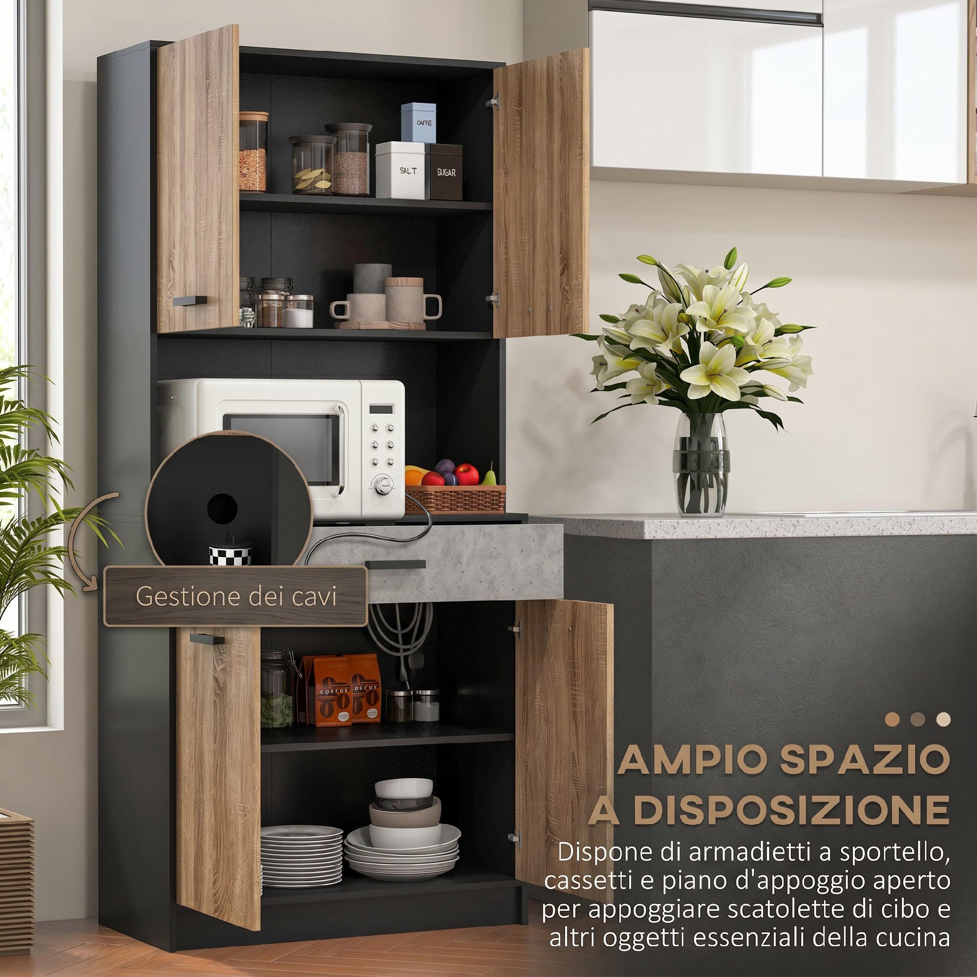 HOMCOM Credenza Cucina 180 cm Mobile da Cucina con Ante Soft Close, Dispensa con Piano Portamicroonde e Foro Passacavi, Cassetto, Ripiani Regolabili, Nero e Color Legno