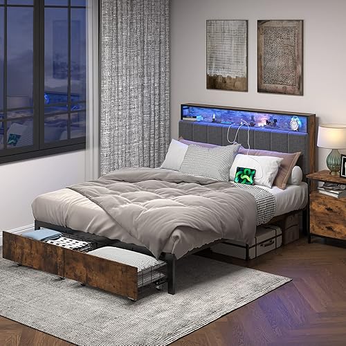Miniatura 7 de Base de cama Queen con cabecero de almacenamiento oculto y 2 cajones, marco de cama LED con estación de carga, marco de cama de plataforma de metal,