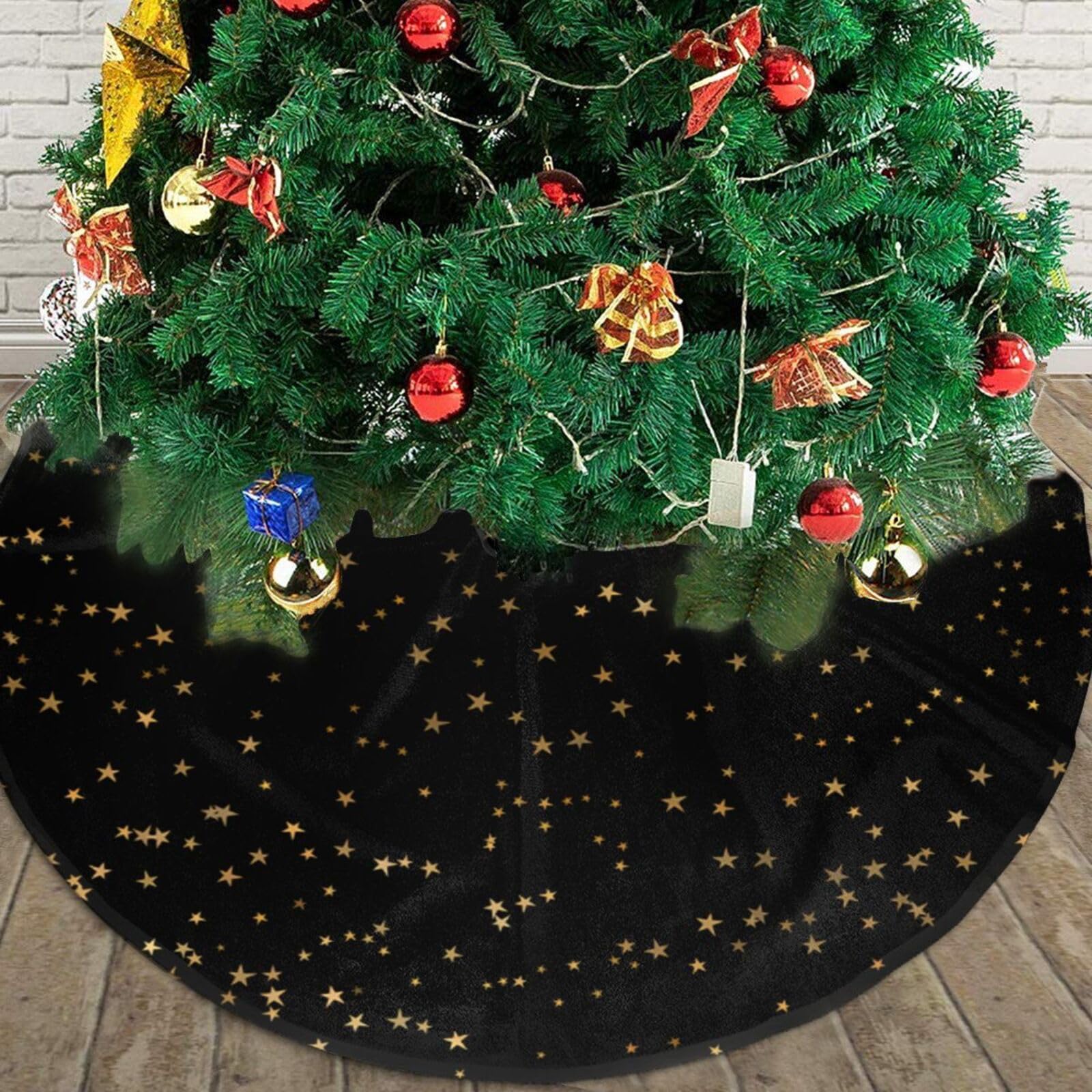 Oudrspo As Pic Gold Stars Black Background Christmas Tree Skirt 30" Round Winter Snow Suitable For Christmas, Christmas, Halloween, Party Decoration Occasions