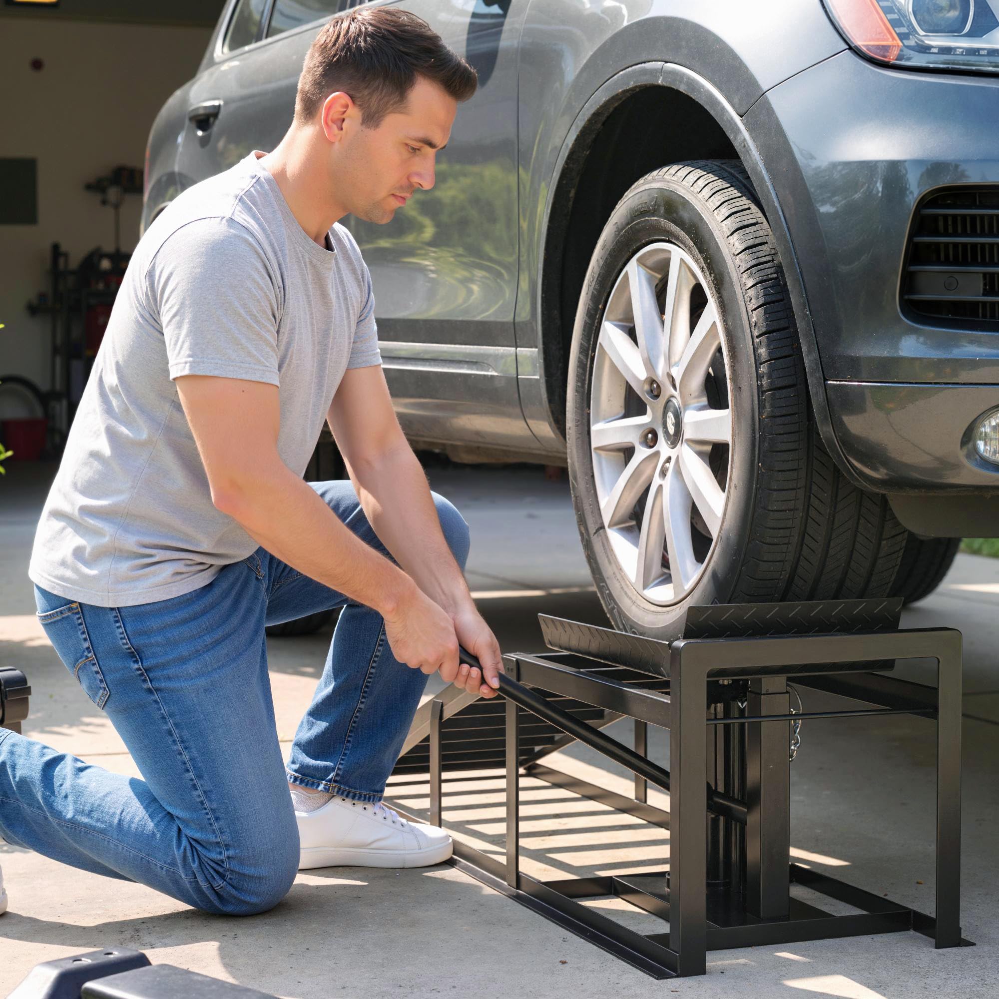 HOMCOM Set 2 Rampe Sollevamento Auto Portata 3 T Altezza 23-32.5 cm Nero | Rampe per Auto, Altezza Regolabile, Pneumatici fino a 23 cm, Sollevatori per Cambio Olio, Garage e Officina