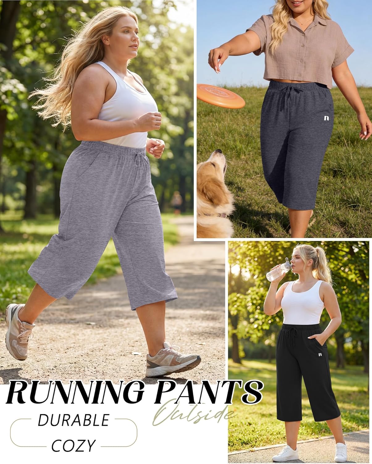 Neer 3 Pack Women's Plus Size Capris,Wide Leg Loose Pants Casual Drawstring Capri Sweatpants Drawstring Pants with Pockets - Image 6