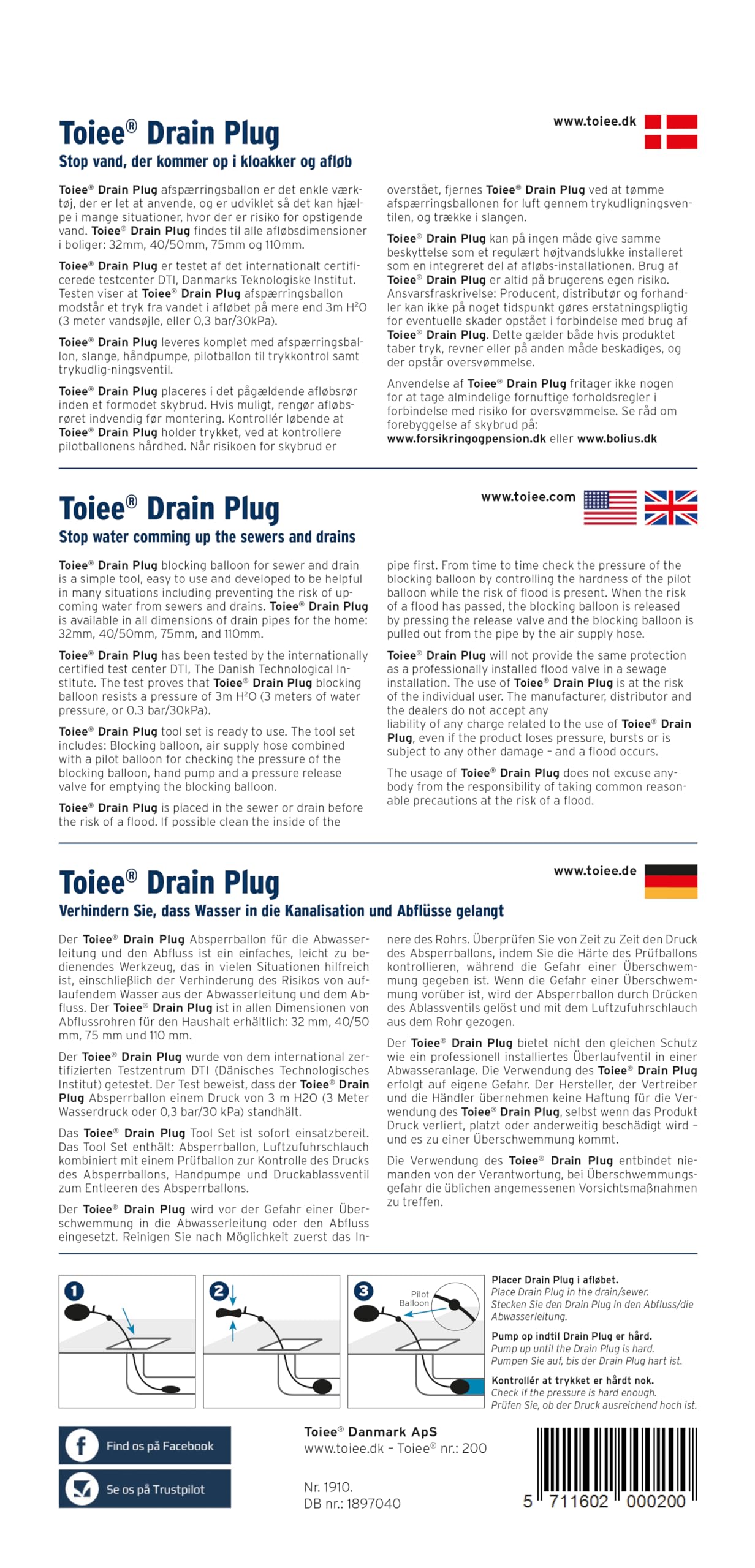 Drain Plug (32 mm). Aufblasbarer Rohrstopfen, Rohrverschluss. Der Toiee Drain Plug mit Pumpe, 85cm Schlauch und Ballon. Stoppen Sie das Hochkommen von Wasser in die Abwasserleitung oder Abfluss
