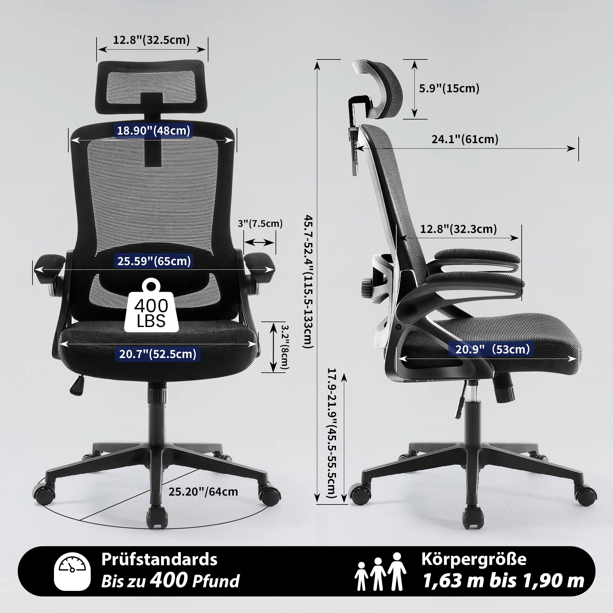 Fizzin Schwarz Ergonomischer Bürostuhl Gaming Stuhl 180kg | Atmungsaktiver Mesh Schreibtischstuhl mit Verstellbarer Lendenstütze & Kopfstütze für Büro & Home Office