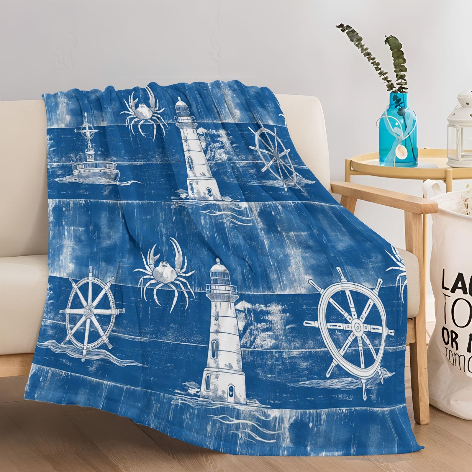 Koc flanelowy 180 x 200 cm, w stylu akwarelowym, latarnia morska, koło z nadrukiem 3D, koc na sofę, koc wełniany, koc do klimatyzacji, do salonu i sypialni