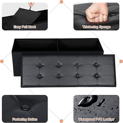 Miniatura 4 de Banco otomano plegable de almacenamiento de 43 pulgadas, banco otomano de piel sintética con almacenamiento y asiento acolchado para sala de estar,