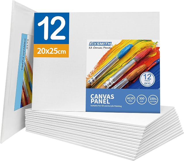 FIXSMITH Canvas for Painting 12 Pack - Blank Canvas 20x25cm, Mini Canvas Panels 300GSM/100% Cotton/Acid Free/Triple Primed, Professional Quality Artist Canvas Board for Hobby Painters, Students & Kids