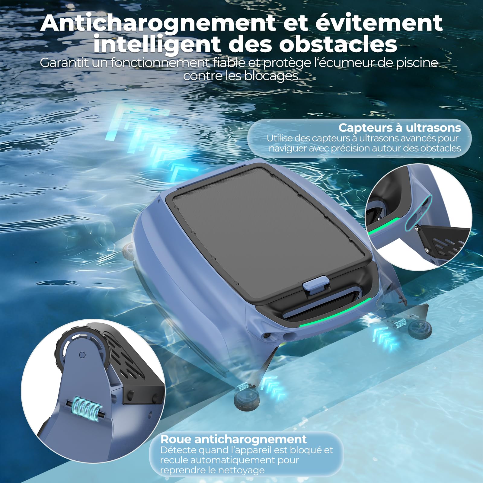 PS100 Robot de piscine solaire sans fil avec contrôle par application, nettoyage de surface 24h/24, 7j/7, panier filtrant de 6 l, détection d'obstacles à ultrasons pour toutes les piscines