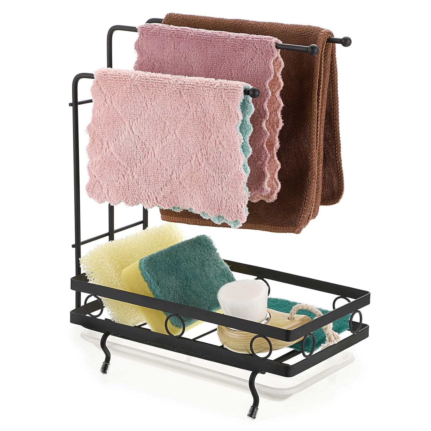 JUXYES Kitchen Sink Caddy Sponge Holder with Dishcloth Drying Rack Kitchen Rag Stand Sponge Brush Soap Dish Dishcloth