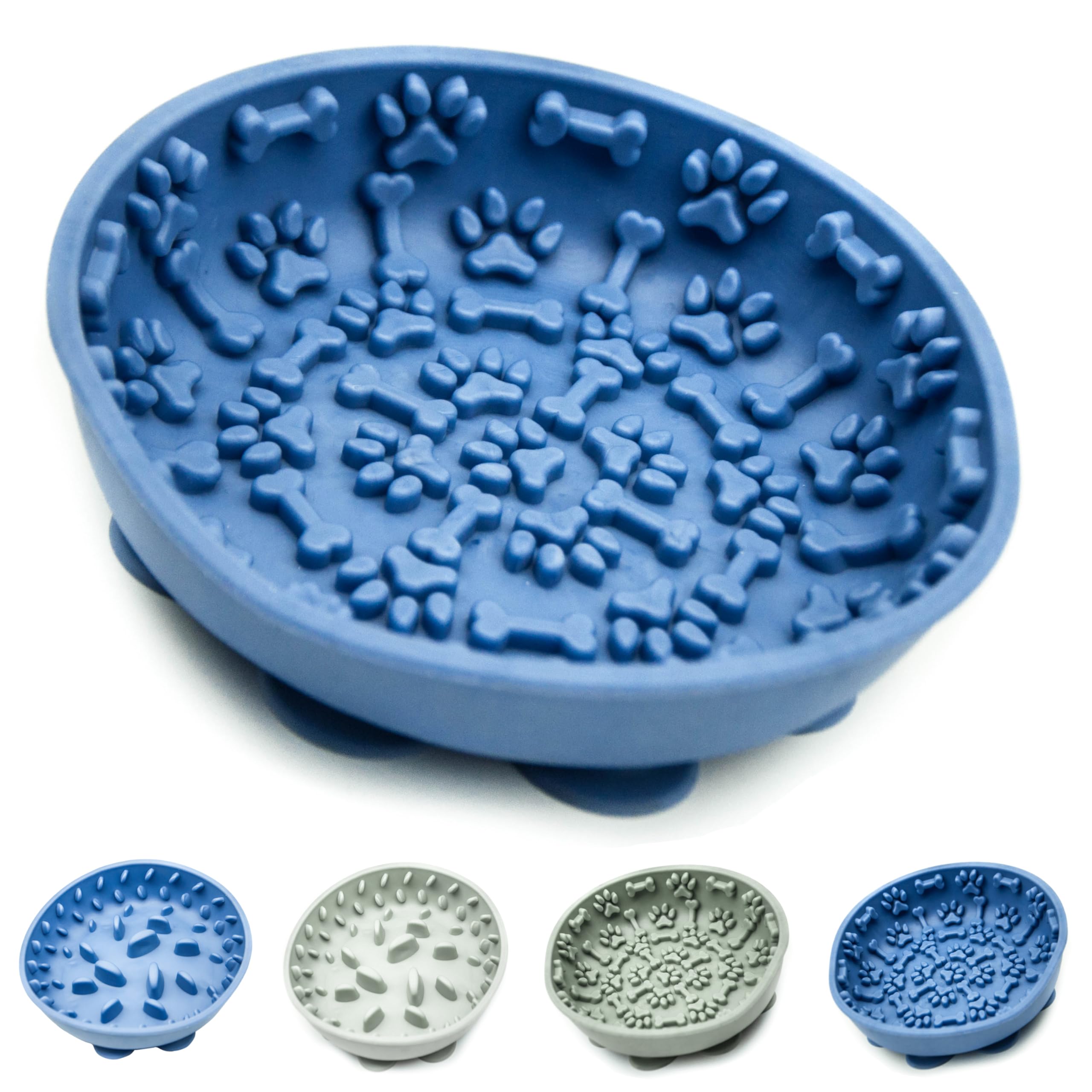 Silicone Pet Bowls – Slow Feeder Dog Bowl with 9 Suction Cups – Non Slip, Raised Ridges, Maze Design – Interactive & Control Feeding for Small to Medium Dogs & Cats (Blue (Bone & Paw), 15cm)