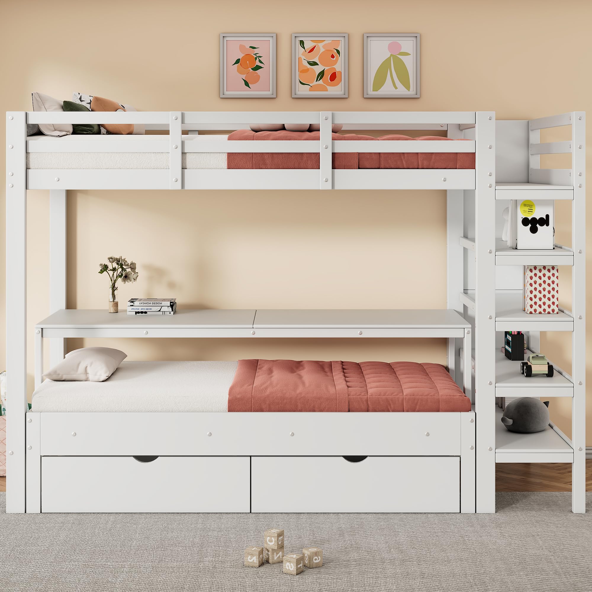 Kayan Kinder-Etagenbett, Doppelbett, multifunktionales Kinderbett, mit Leiter, mit Tisch, mit Aufbewahrungsschubladen unter dem Bett, mit Aufbewahrungsregal, ohne Matratze, Massivholz, weiß, 90 * 200