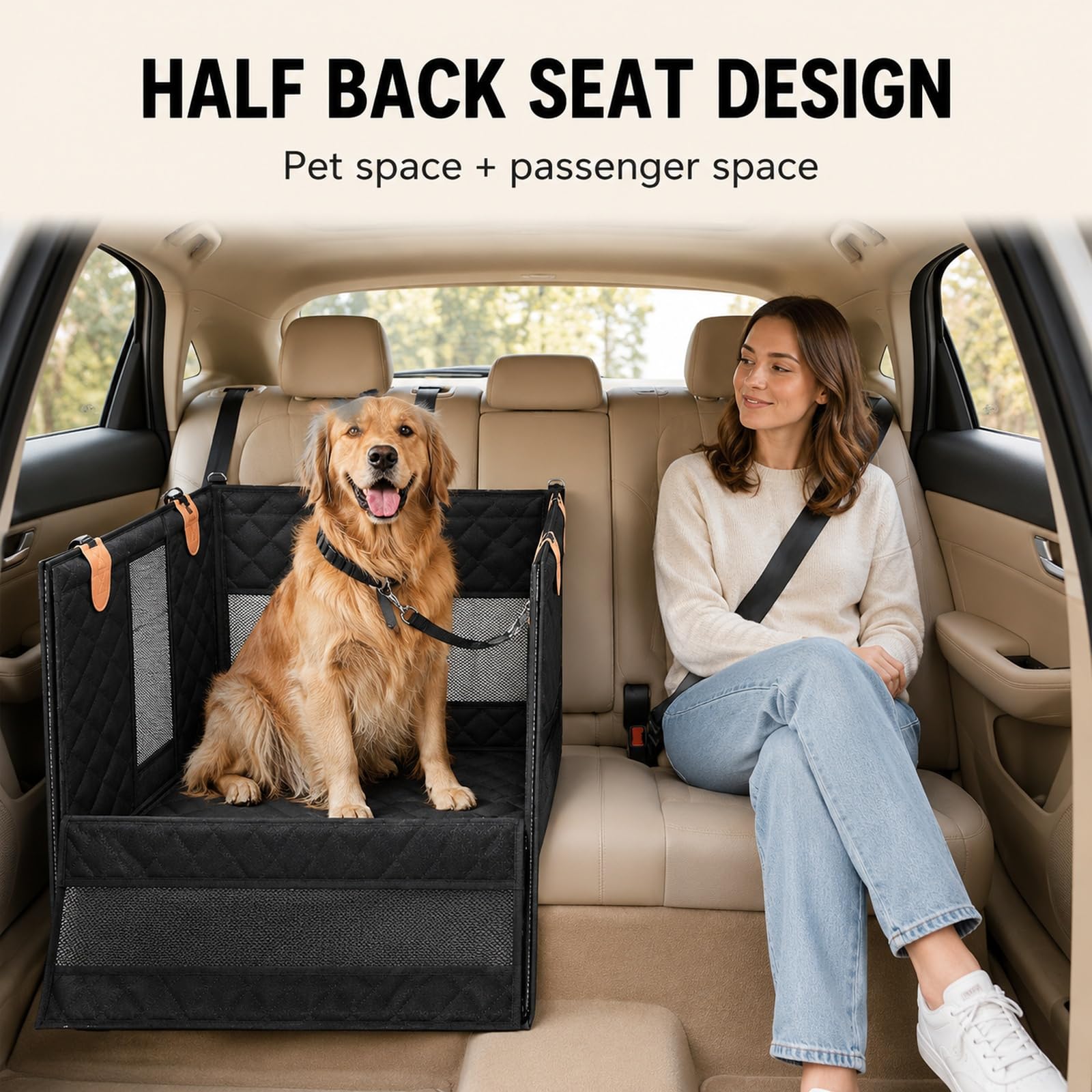 GOOGO Hunde Autositz für Rückbank, Wasserdichter Hundesitz Auto Rückbank mit Netzfenstern und 4 Befestigungsgurten, Hundekorb Auto Rücksitz für für Mittelgroße und Große Hunde (Schwarz)