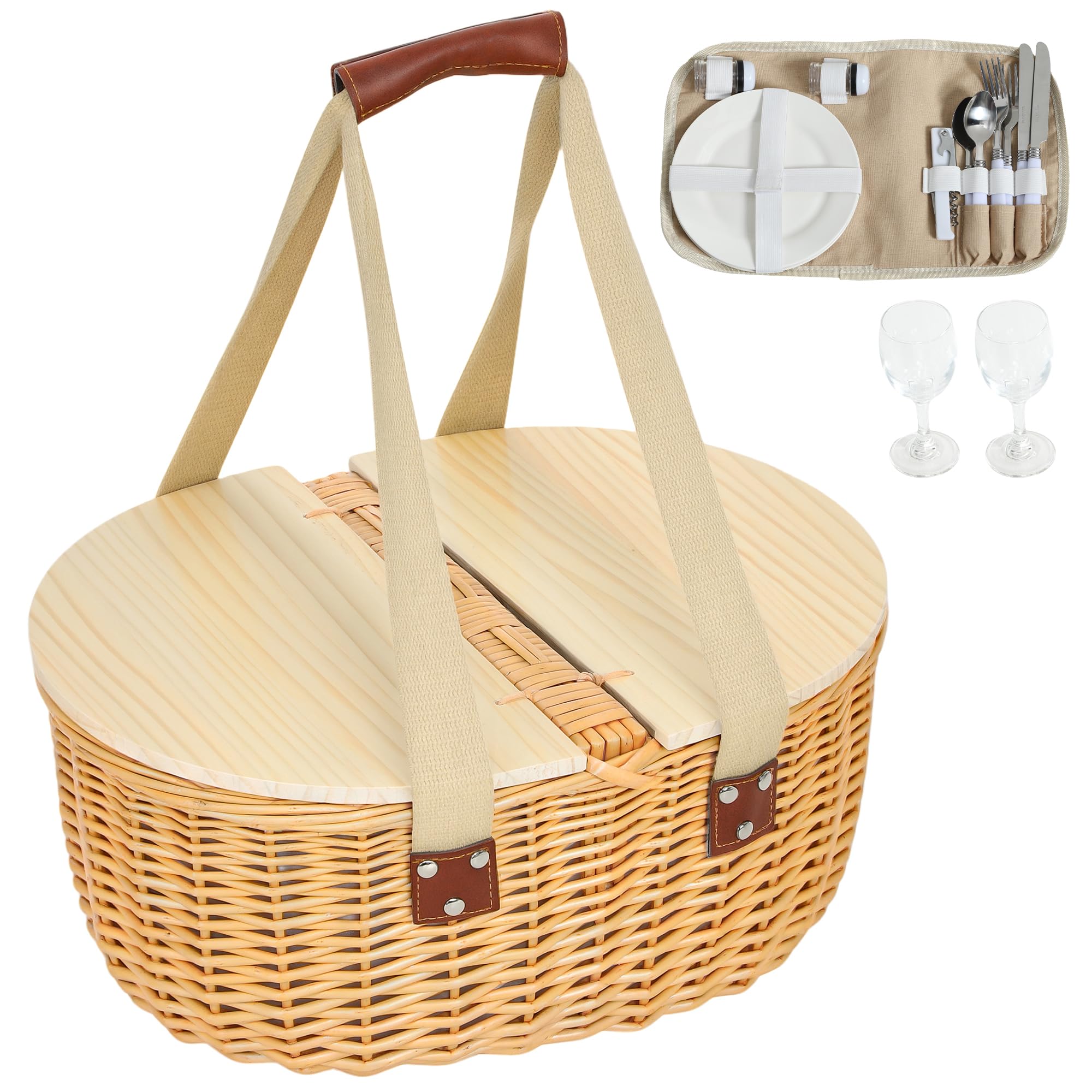 Outsunny Light Brown Wicker Picnic Basket For 2 With Pine Wood Lid, Picnic Hamper With Cooler Compartment, Cutlery Service Kits, Carry Handle For Camping, Outdoor, Valentine Day, Chirtmas, Birthday,