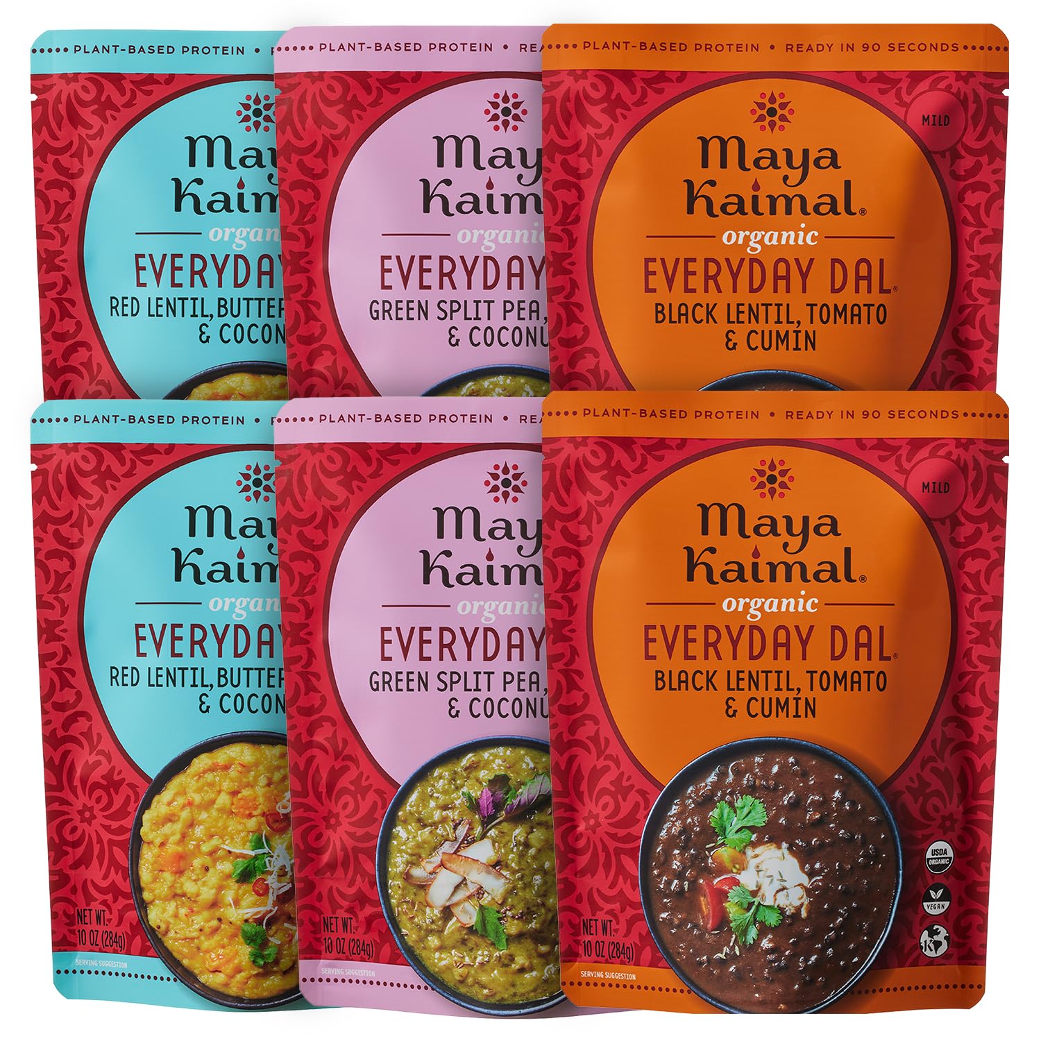 Foods - Organic Indian Everyday Dal Variety Pack No. 2 - 10oz 3 flavors, 2 Each - Red Lentil, Black Lentil, & Green Split Pea - Vegan