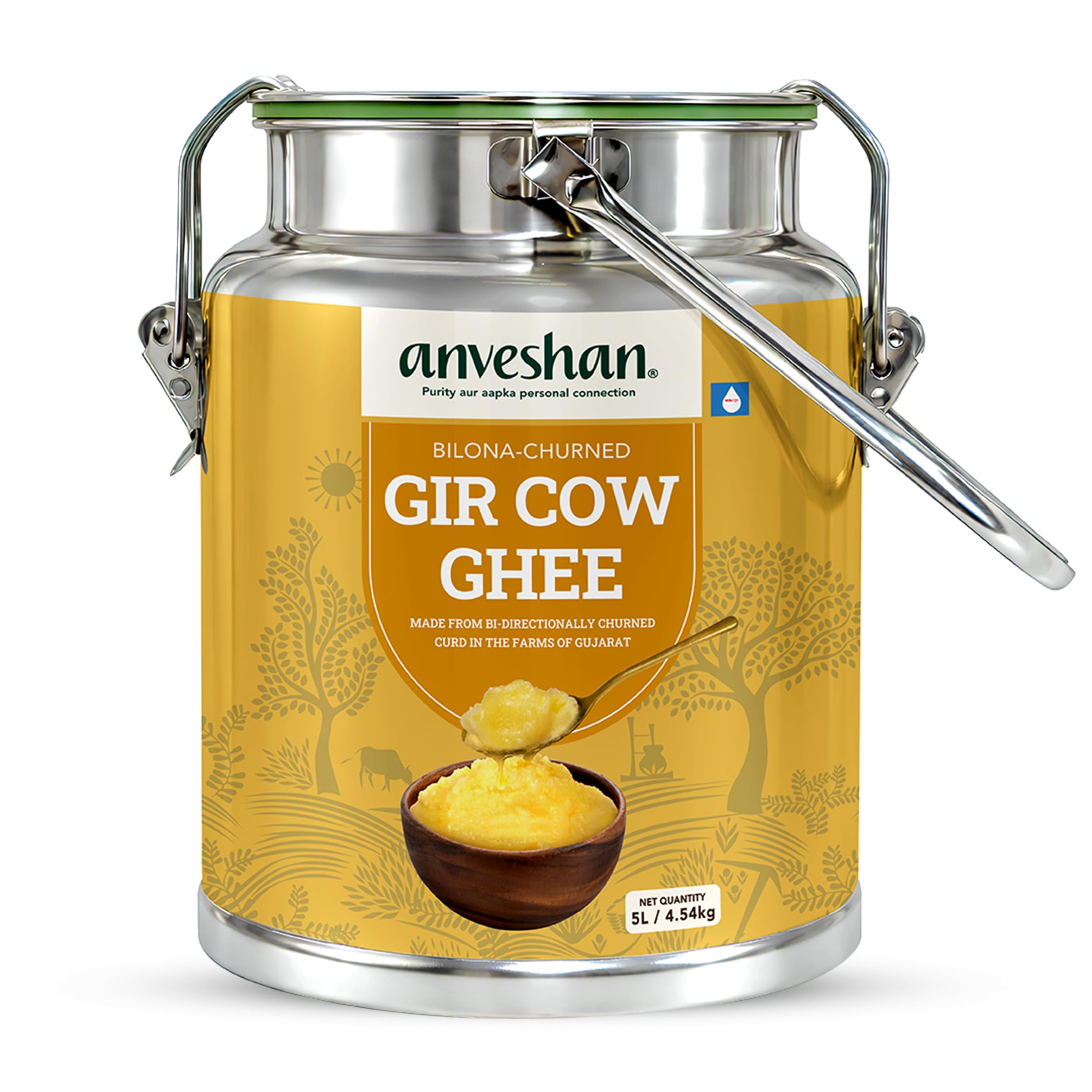 Anveshan A2 Gir Cow Ghee - 5L Dolchi | Traditional Bilona Method | Curd- Churned | Cultured | Pure and Nutural | Lactose and Gluten Free | Lab Tested