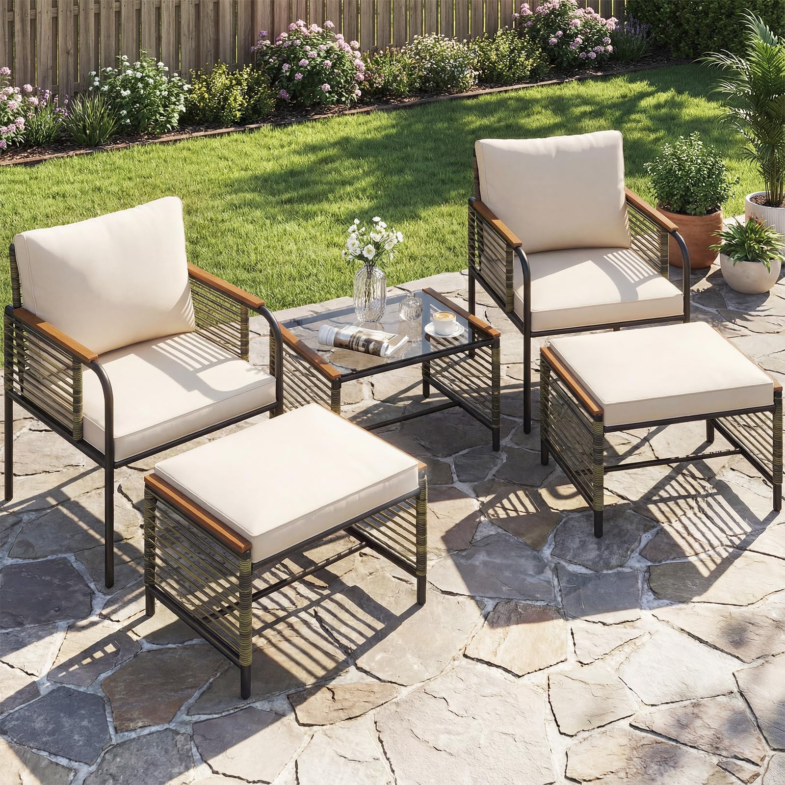 COSTWAY Rattan Gartenmöbel Set, Balkonmöbel, Balkonset inkl. 2 Stühle mit Kissen, Hocker & Tisch, Terrassenmöbel, Gartengarnitur, Sitzgruppe für Garten, Balkon, Terrasse (Beige)