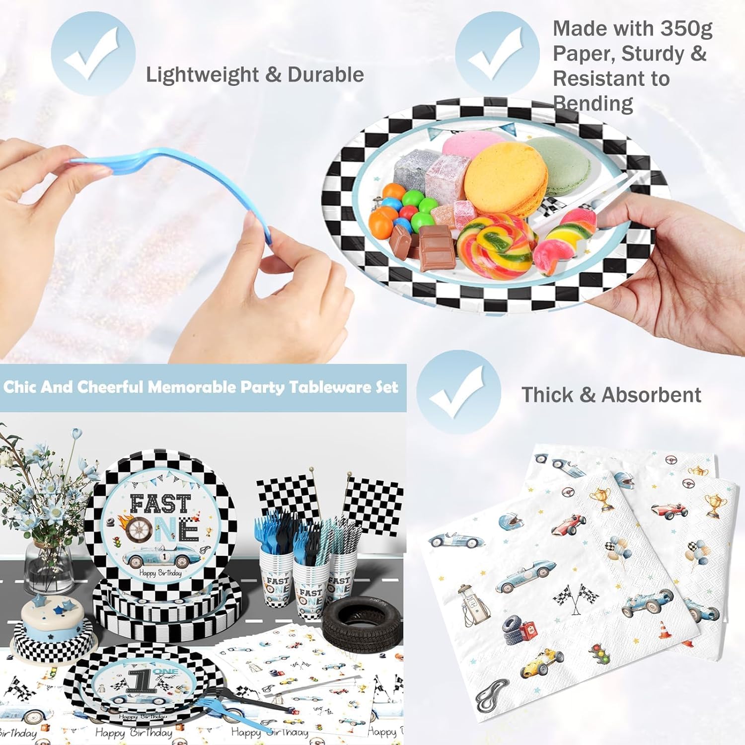 Fast One Birthday Party Supplies for Boys – 179 PCs Race Car Birthday Party Decorations 1 Year Old, Plates Tablecloth Cake Topper Banner Cups Straws Cupcake Toppers Napkins for 24 Guests