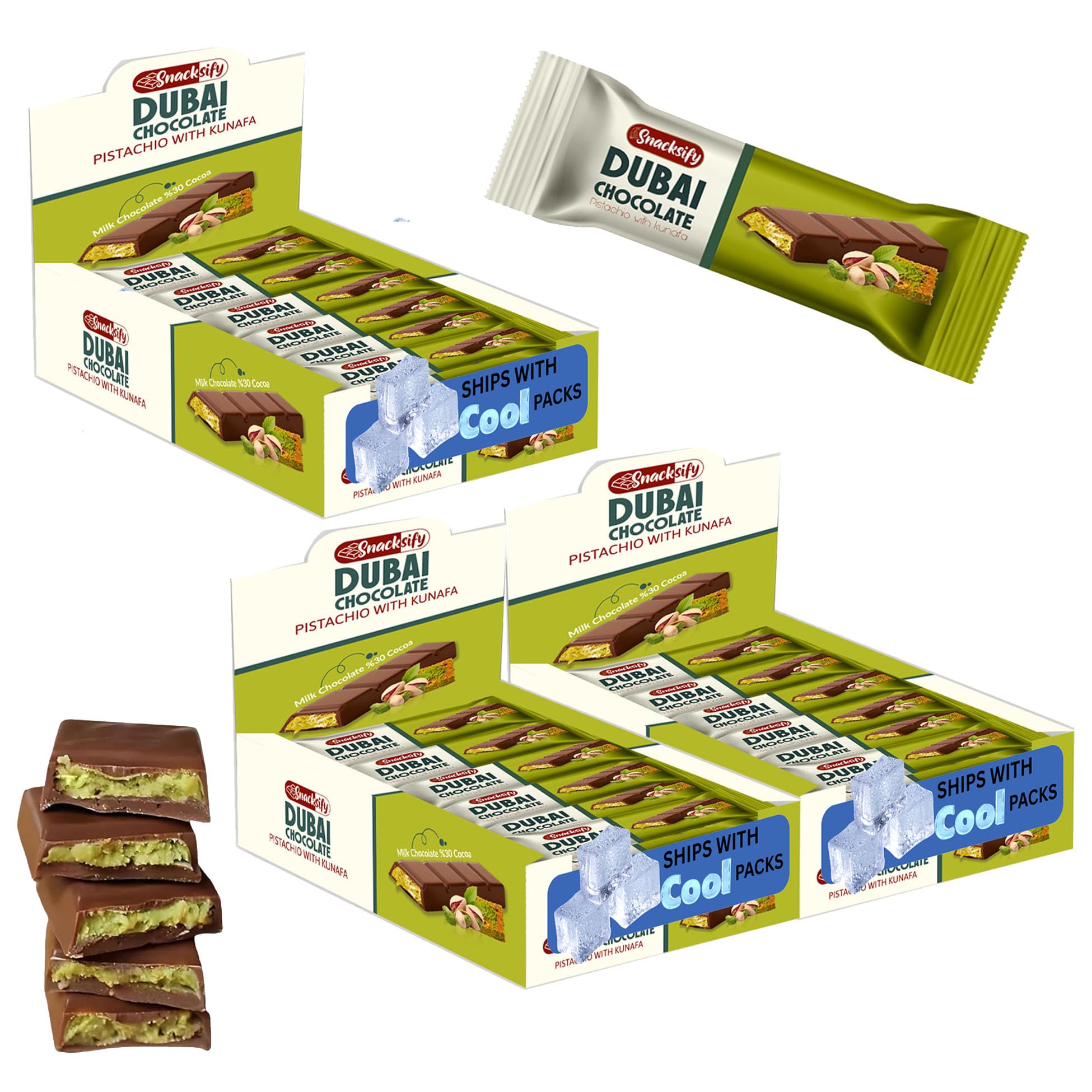 Dubai Chocolate Bar (Pack of 72) Kunafa Pistachio Bar- 27gr Total 1.43 pounds.-, Perfect for Gifting, Fresh Daily Production 72 Pieces Dubai Chocolate with Shredded Phyllo Dough Gift for Festival Celebration, Birthday, Family, Friends & Corporate Office 68.4 ounces