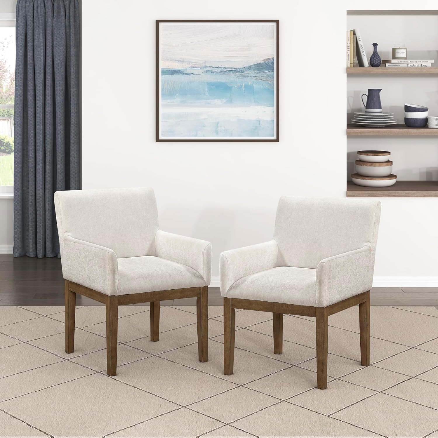 Lexicon Modern Dining Chairs with Arms Set of 2 - Textured Fabric Upholstered Side Chair, Solid Wood Legs, Small Accent Seating for Dining Room Table, Kitchen, Living Room, Easy Assembly, Brown Gray