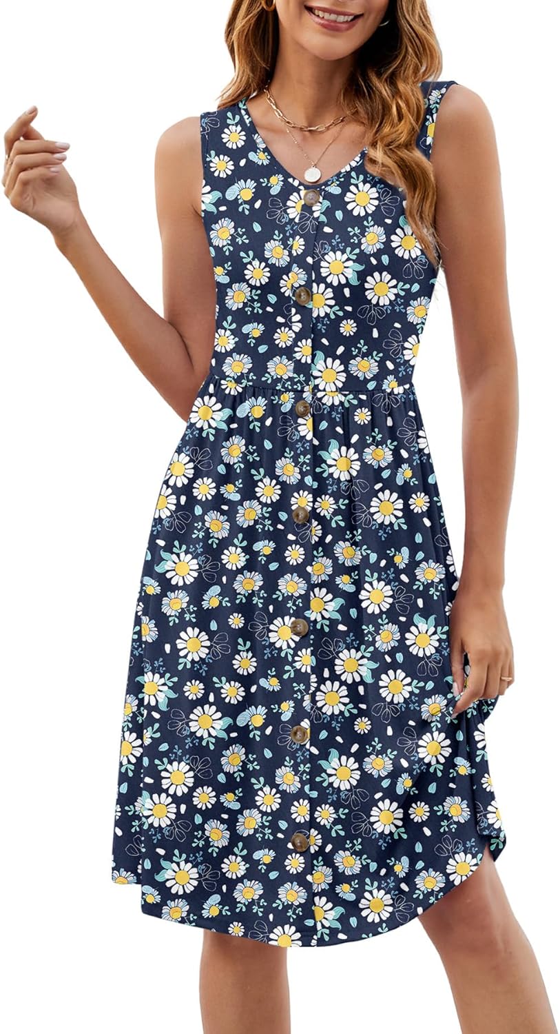 NILOUFO Women's Summer Casual Midi Dress Sleeveless V-Neck A-Line Swing Dresses Lightweight Flowy Beach Sundress - Image 2