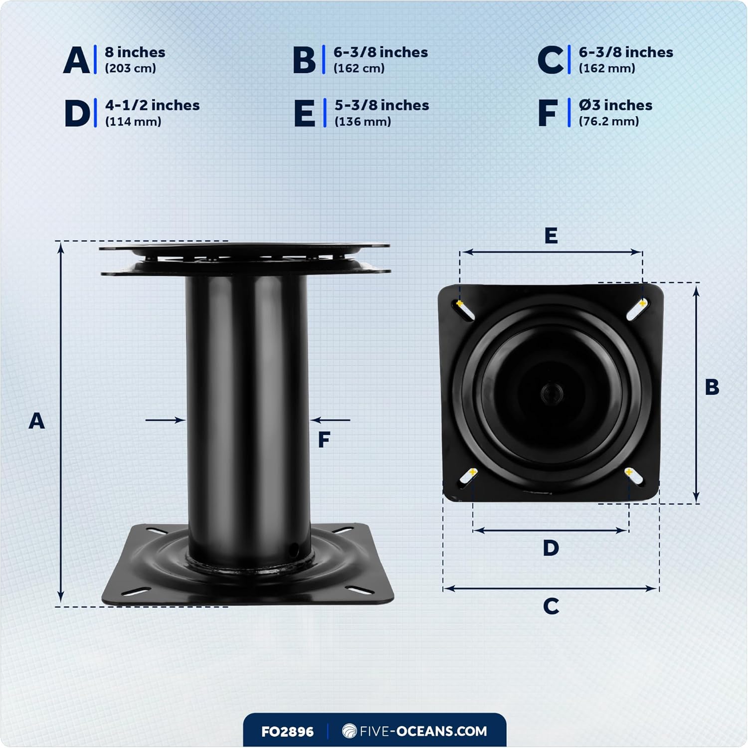 Five Oceans 8-Inch Boat Seat Pedestal, Boat Seat Pedestals with Seat Mount 360-Degree Swivel, Steel with Black Powder Coat Finish, 6-7/8-Inch (174mm) Base - Universal Mounting - FO2896