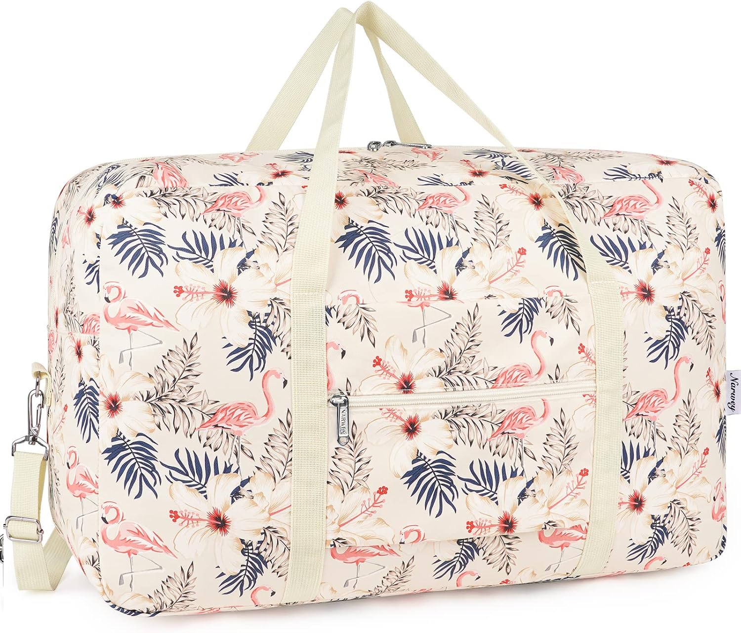 Foldable Travel Duffel Bag Tote Carry on Luggage Sport Duffle Weekender Overnight for Women and Girls 40L (Beige Flamingo)