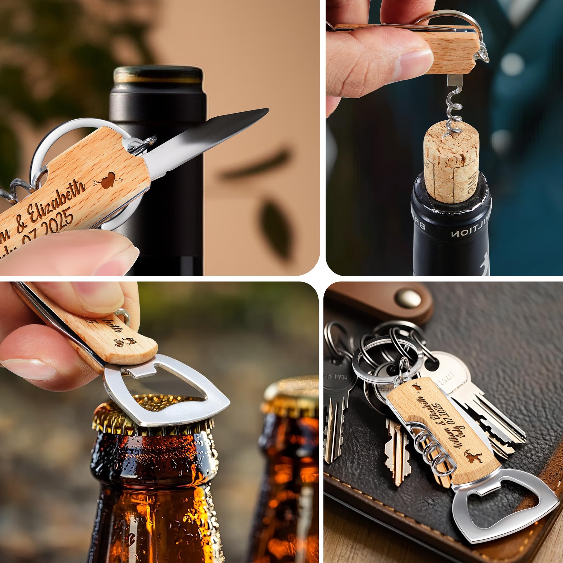 30 pièces Ouvre-bouteille Multifonction en Bois Personnalisé, Cadeaux d'Invites Gravés pour Mariage, Anniversaire ou Fête – Porte-clés Ouvre-bouteille