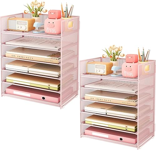Miniatura 12 de Subekyu Organizador de Papel de 6 Niveles para Escritorio con Asa, Organizador Clasificador de Accesorios para Archivos de Oficina de Malla