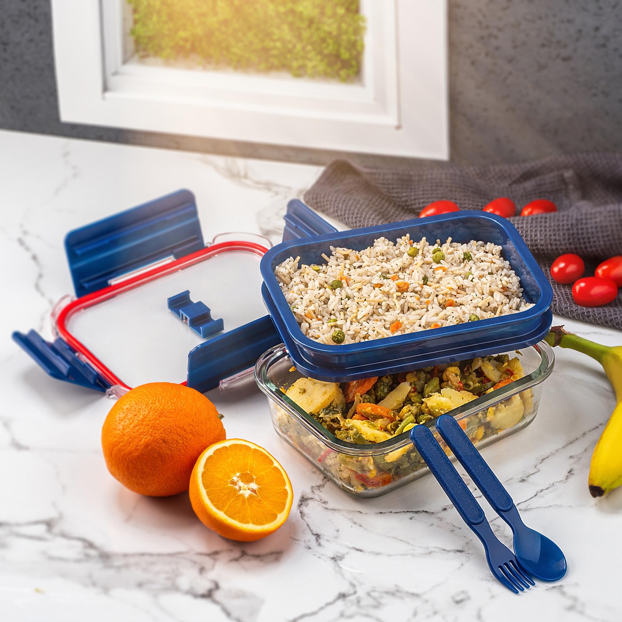 KADAX Brotdose aus Glas, Lunchbox mit Deckel und Besteck, Frühstücksbox, 1.74L