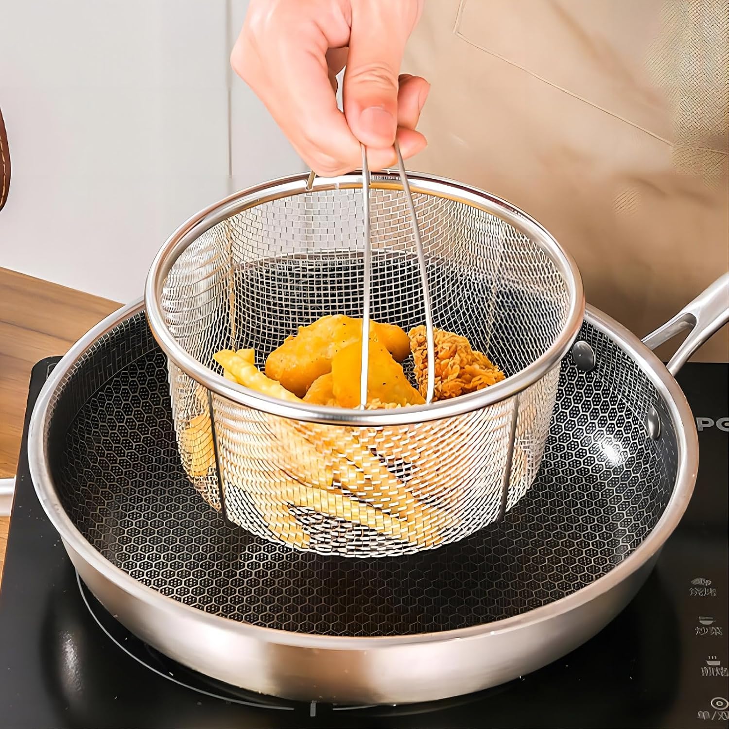GREATLINK Mesh Steamer Basket, Stainless Steel Mesh Net Strainer Basket and Insert, Pressure Cookers and Pots,for Washing, Fry, Steam or Cook Fruits,Vegetables and Pastas (Free 2 Pcs silicone gloves)