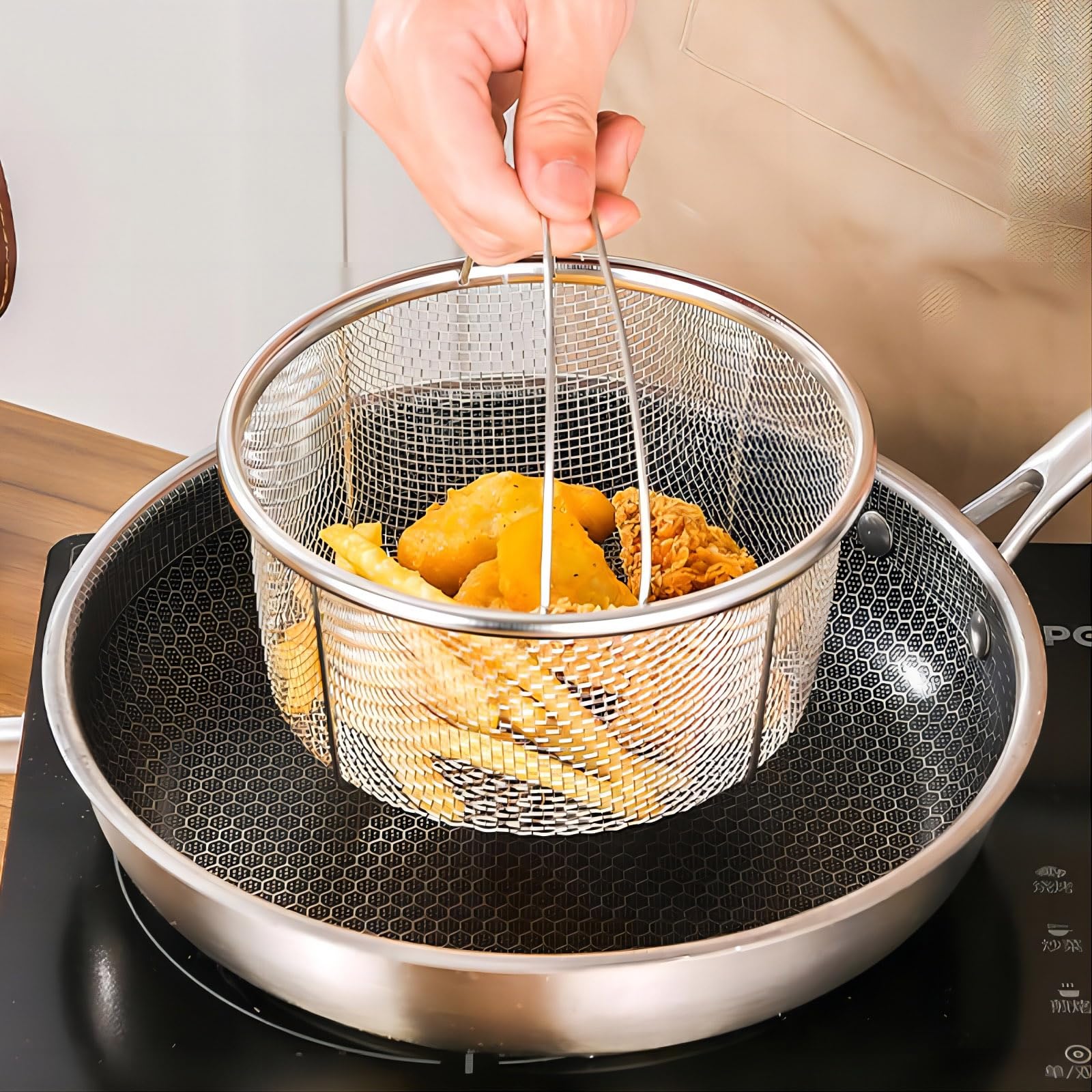 Cesta de malla para vapor, cesta de malla de acero inoxidable e inserto, ollas a presión y ollas, para lavar, freír, cocinar al vapor o frutas, verduras, granos y pastas (2 guantes de silicona gratis)