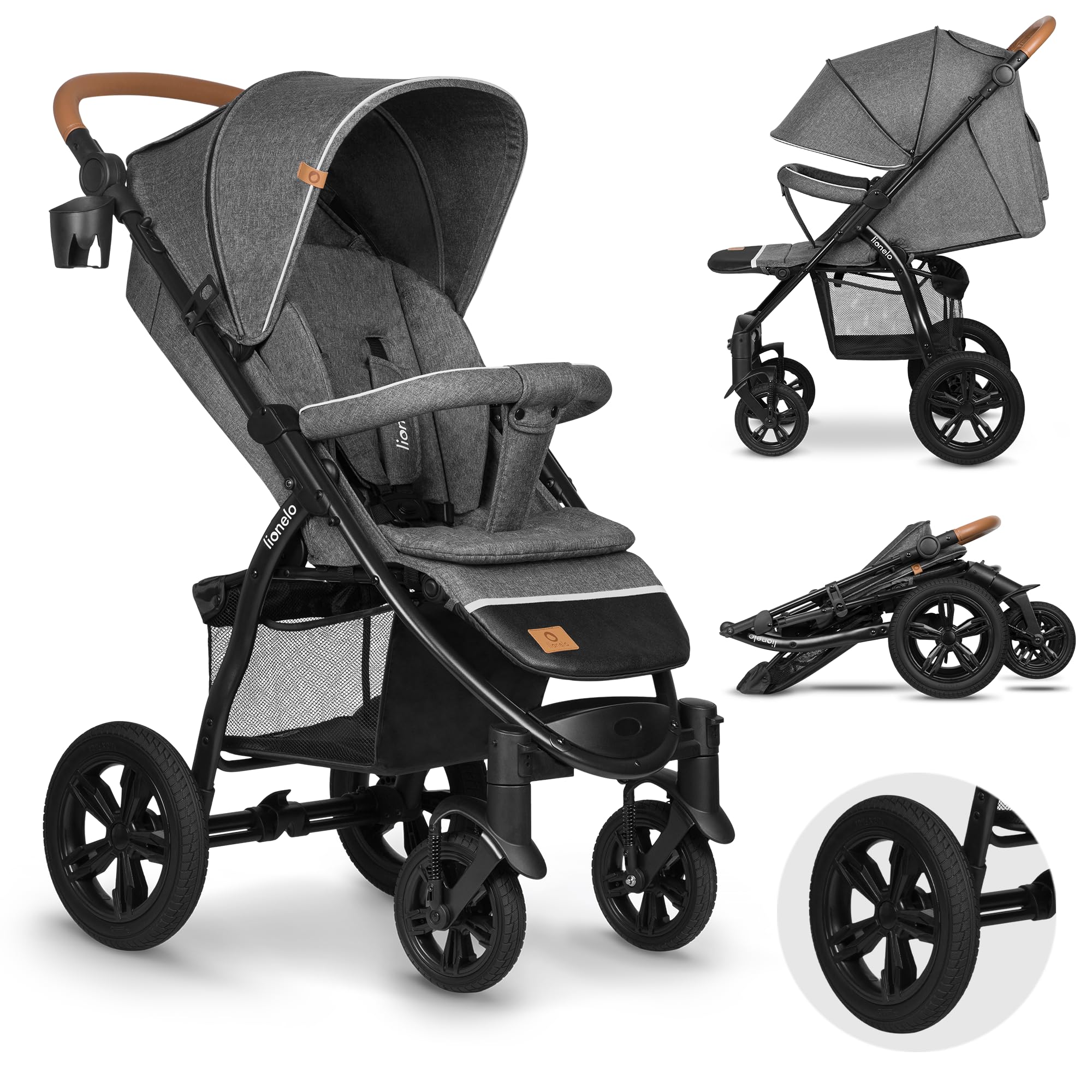 LIONELO Annet Tour Silla de paseo, bebe carro, hasta 22 kg, ajuste del respaldo a la posición tumbada, ruedas sin mantenimiento, capota impermeable XXL, cinturones de 5 puntos (gris)