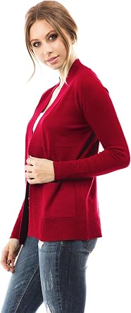 Cielo Open Front Solid Color Long Sleeve Sweater Cardigan (Medium, Red)