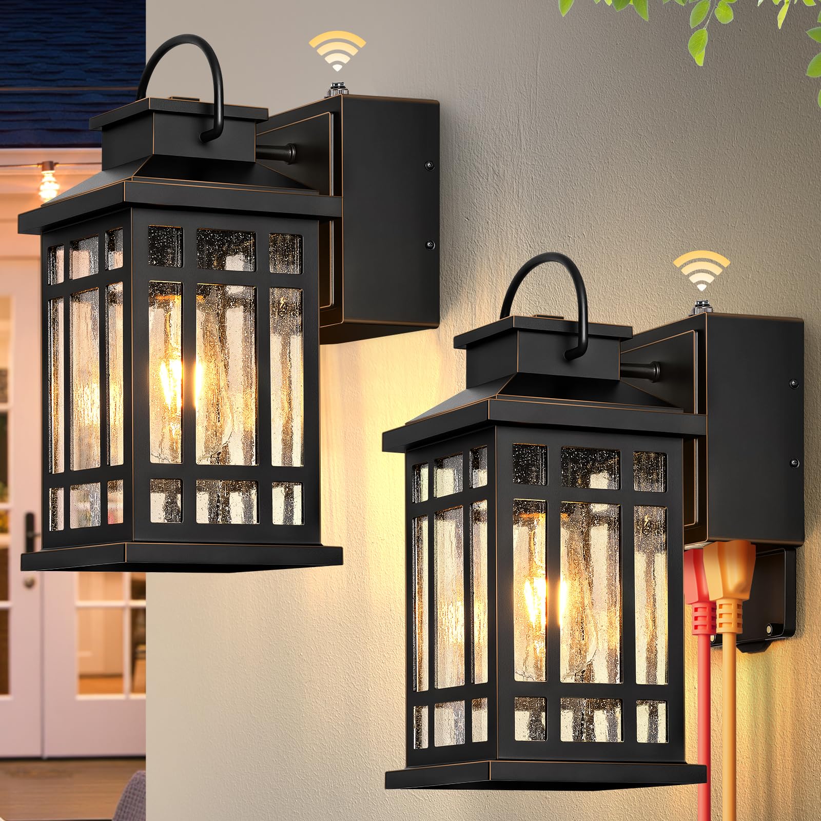 2-Pack Outdoor Wall Light with GFCI Outlet, Black with Gold Trim