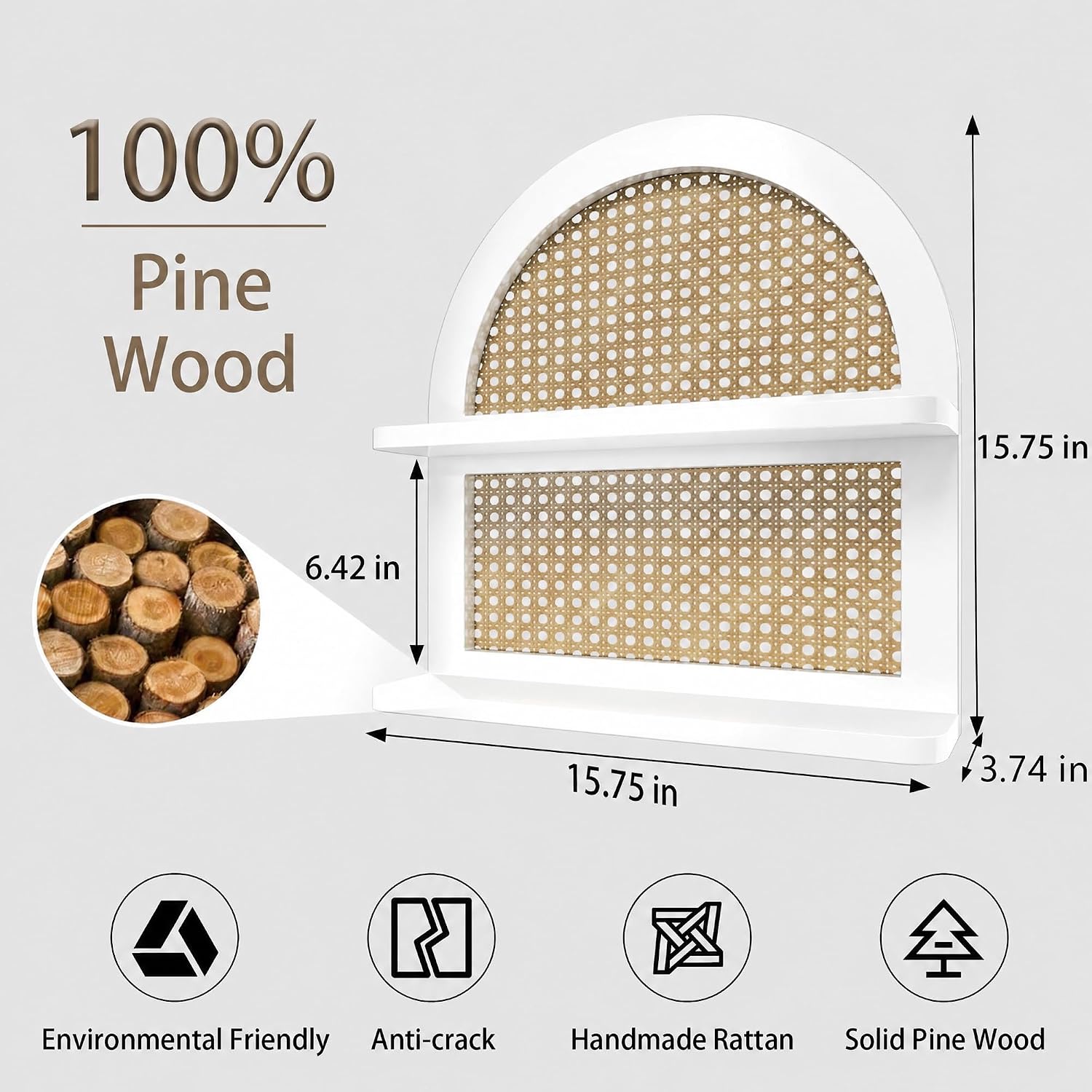 Wood Boho Rattan Wall Shelf - 2-Tier Arched Wicker Floating Shelf White Wood New Boho Shelf, Rustic Farmhouse Nursery Decor Shelves Wall Mounted, Neutral Handcrafted (16''l Natural Rattan Shelf)
