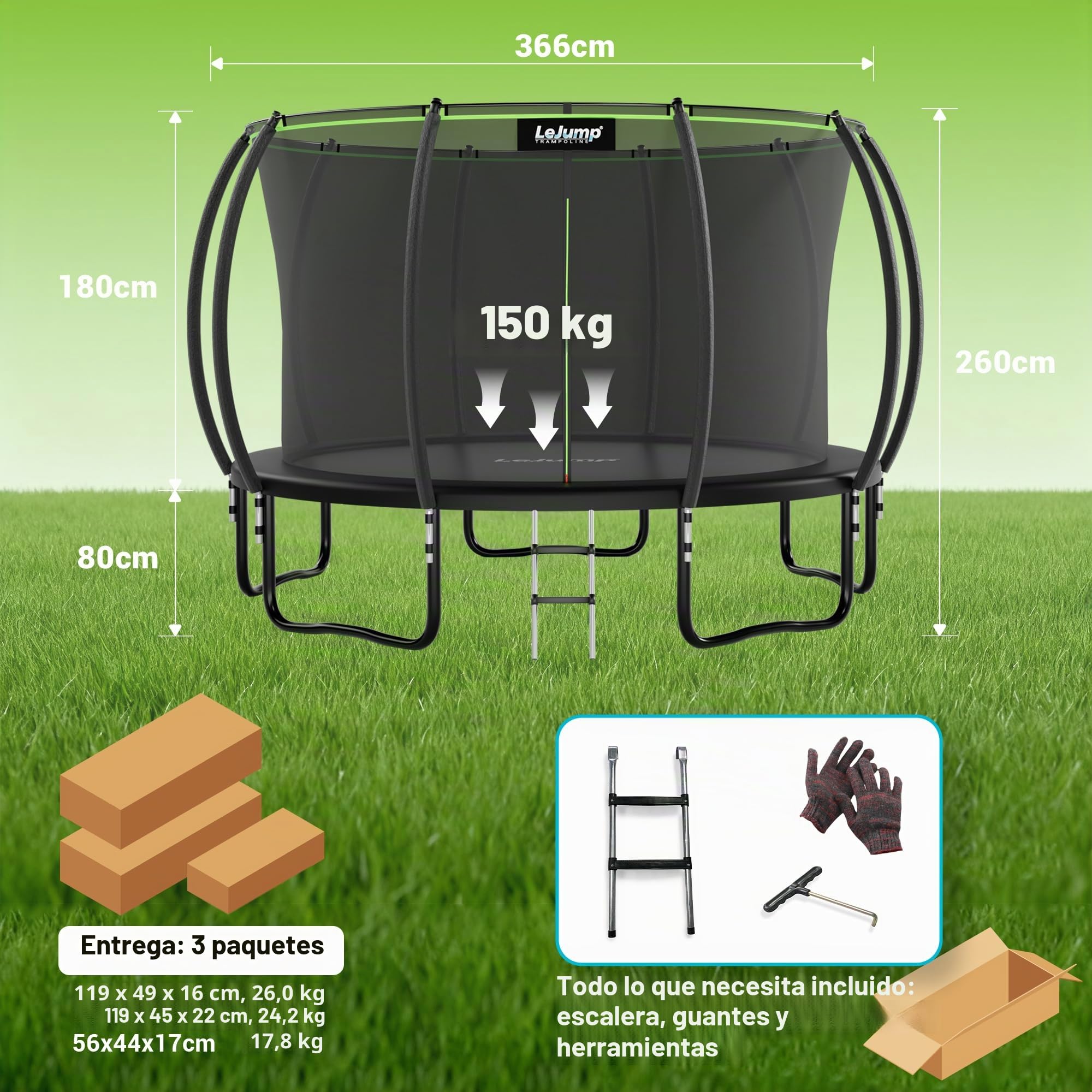 LeJump Cama Elástica Exterior de 235/305/366 cm, Cama Elástica de Jardín para Niños con Red de Seguridad Alta y Escalera, Camas Elásticas Certificadas GS, Capacidad Máxima 100/150 kg