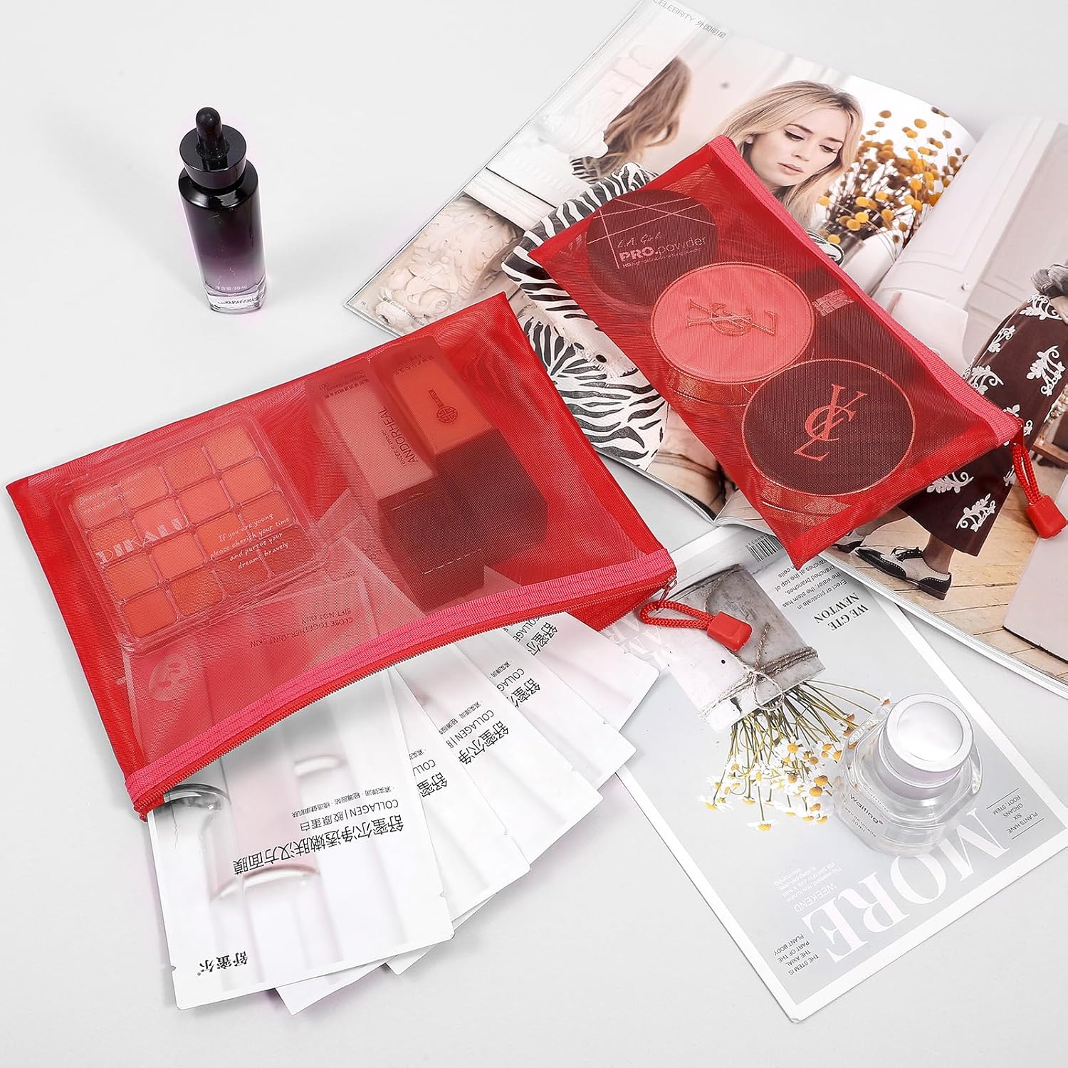 12 Pieces Zipper Nylon Mesh Pouch, Mesh Cosmetic Bags Makeup Bags Pencil Case, Multipurpose Travel Bags for Cosmetic School Office Supplies and Travel Accessories (Red, A5+B6) - Image 5