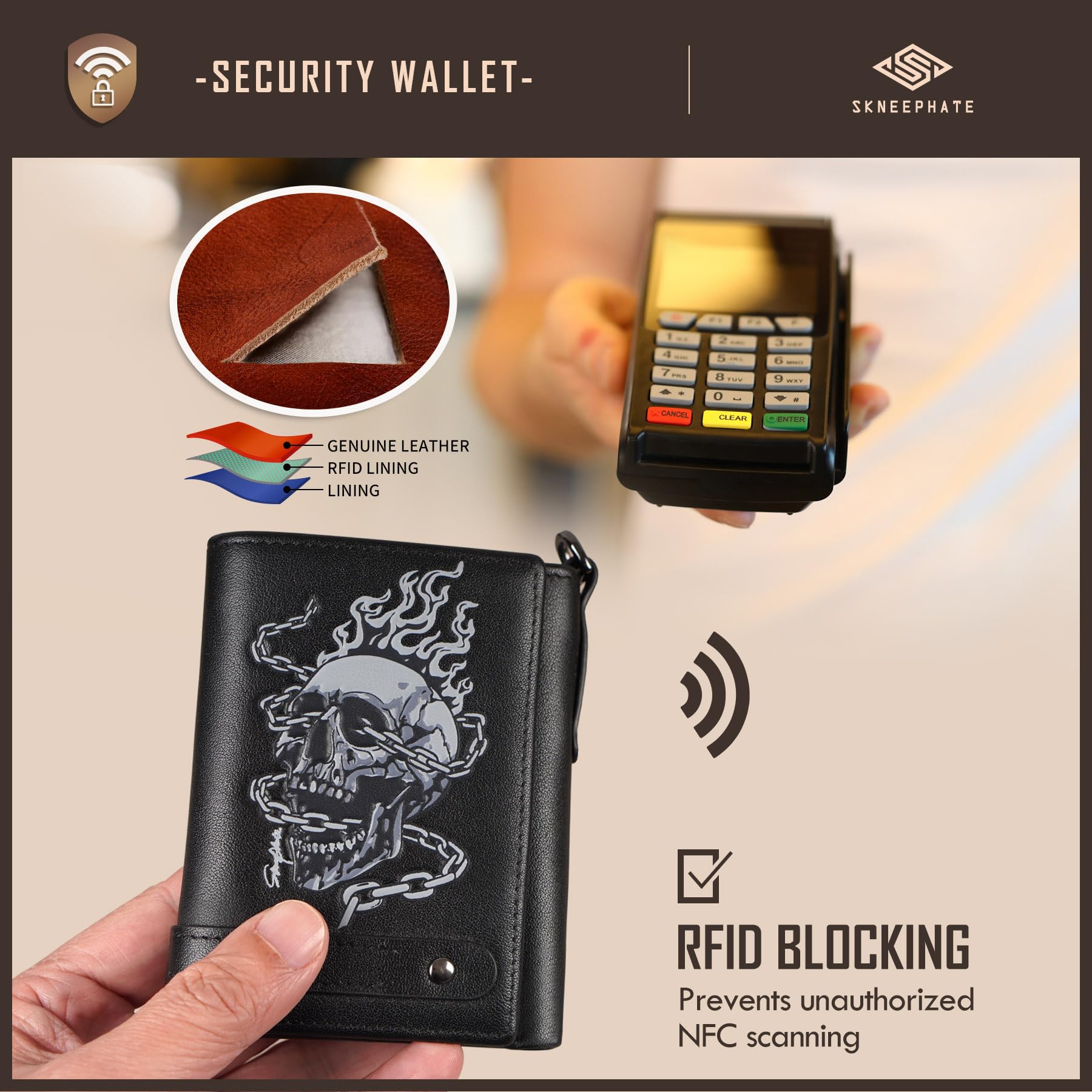 Cartera para Hombre de Cuero con Cadena, Cartera de Motero con Calavera, Portamonedas Plegable Triple para Hombres con Protección RFID, Regalo para Él (Black)