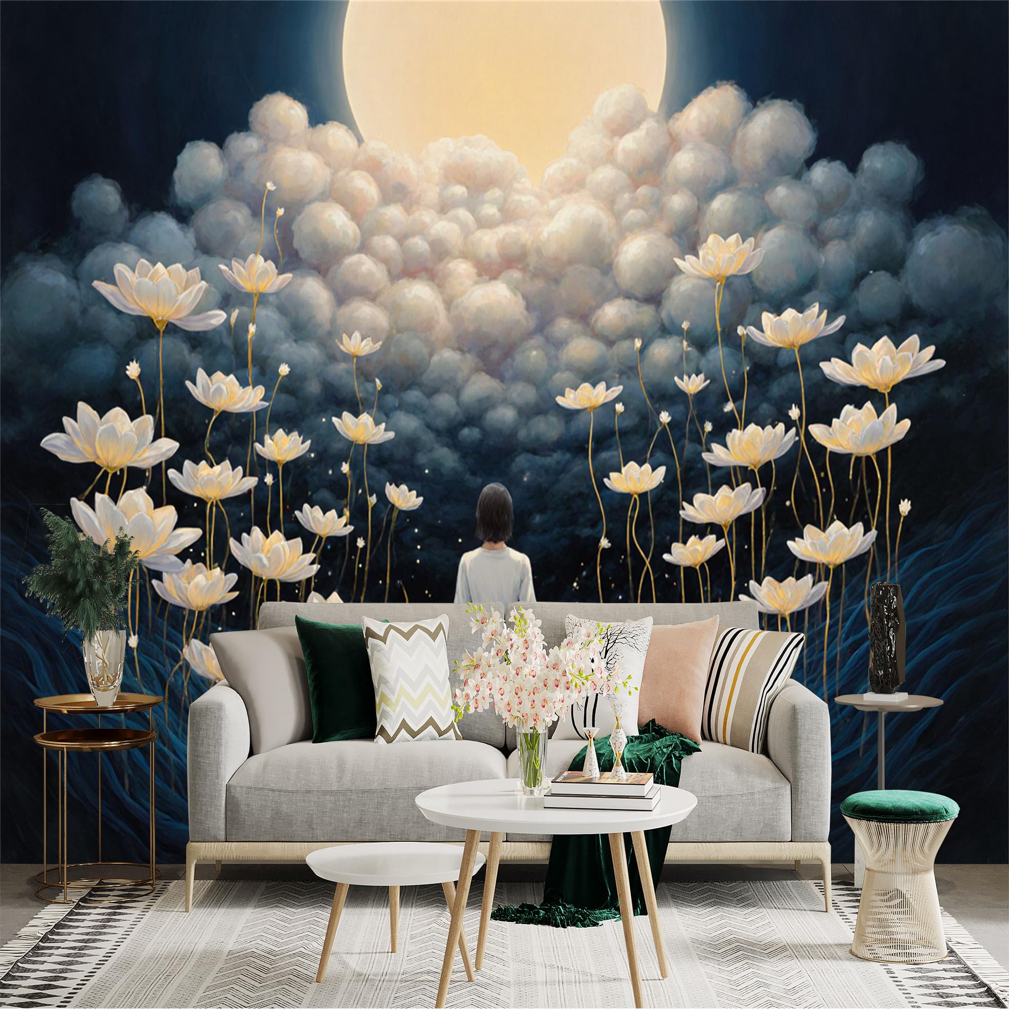 Custom Size Wall Sticker Mural， Dreamy Night Scene with Woman， Moonlight， Clouds and White Lotus Flowers， for wall Decoration， peelandstick wall Decals.