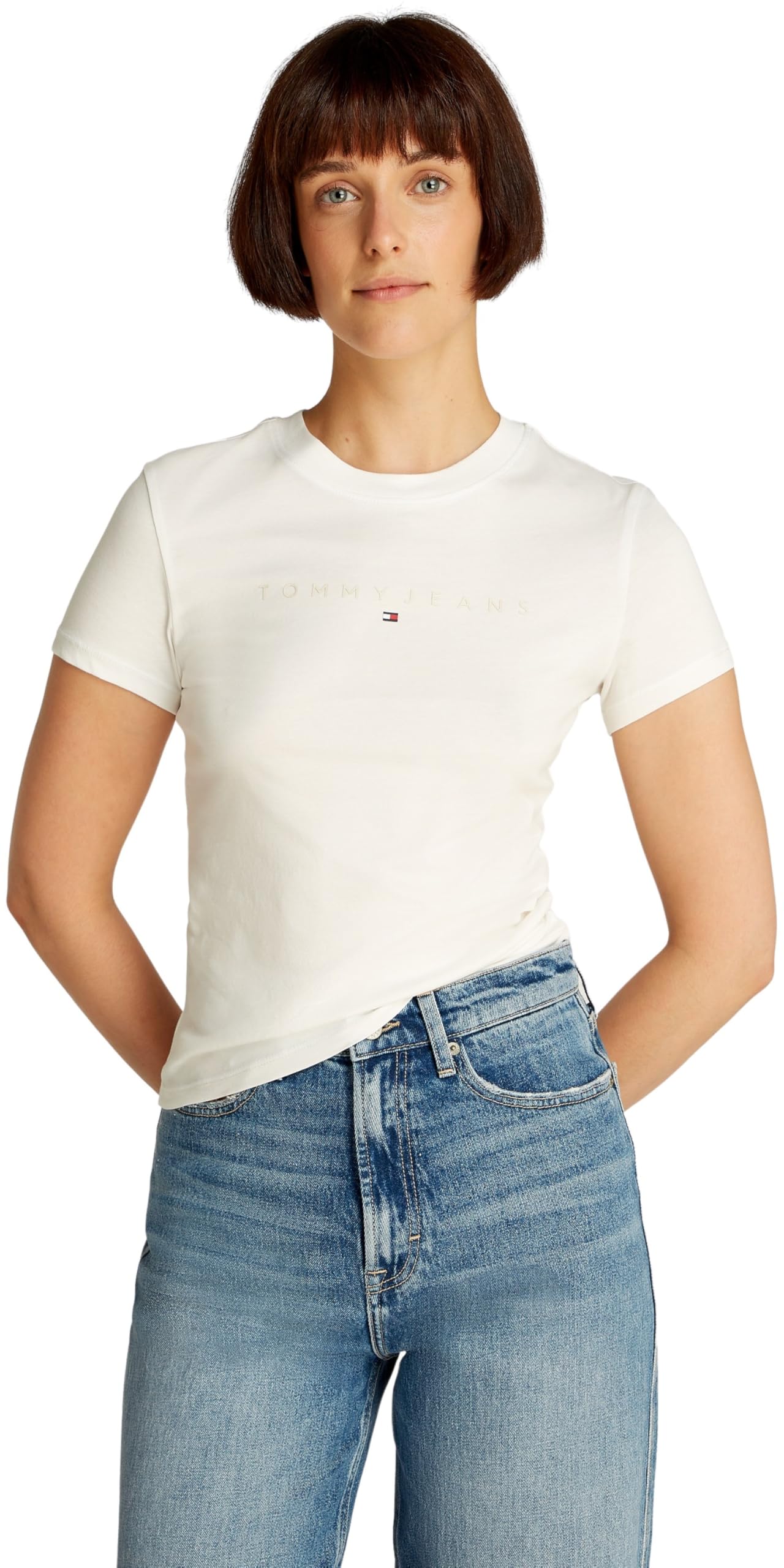 Tommy Jeans Damen T-Shirt Kurzarm Slim Logo Rundhalsausschnitt