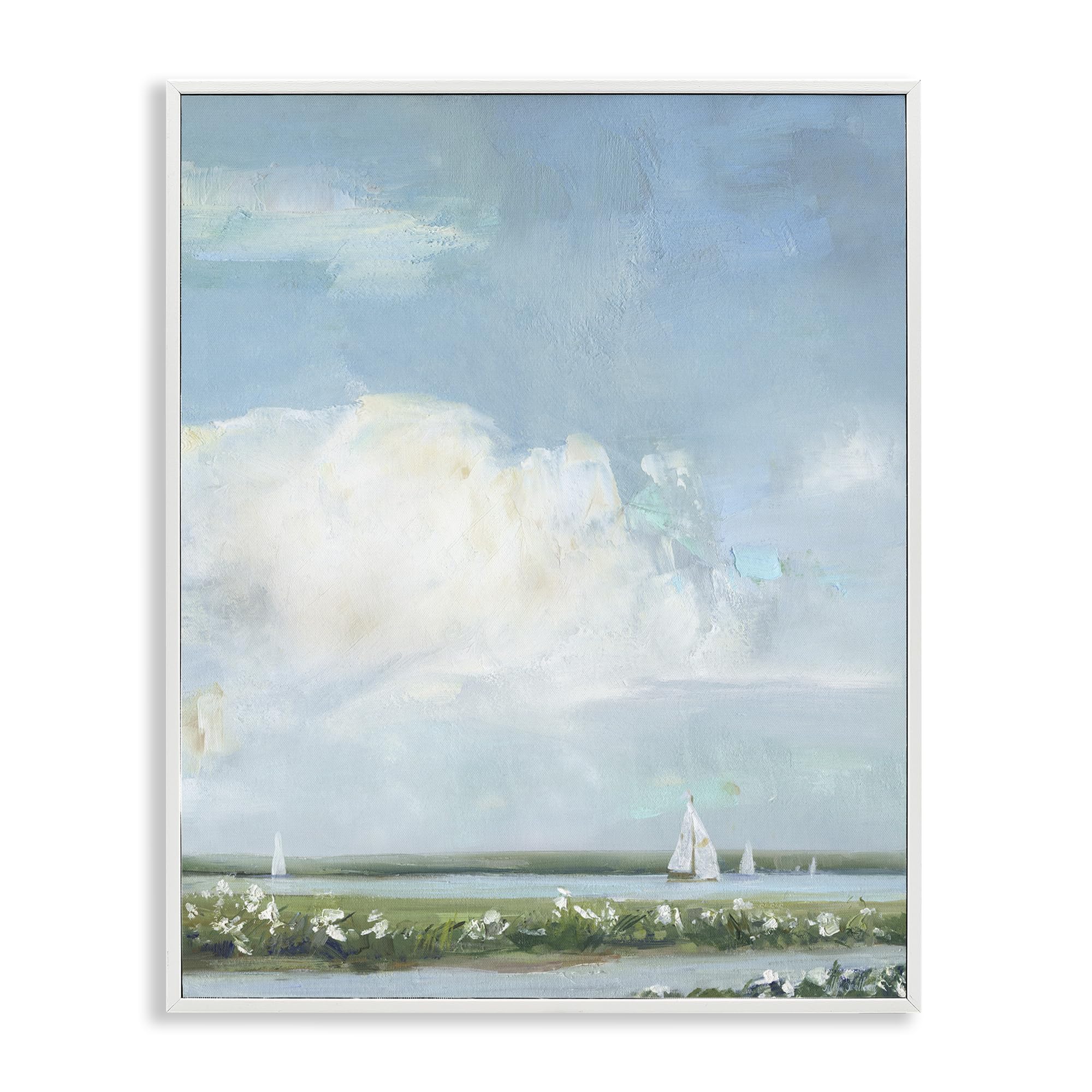 Stupell Industries Coastal White (Textured) 'Seaside Sailing Along Meadow'| Framed Giclee Art