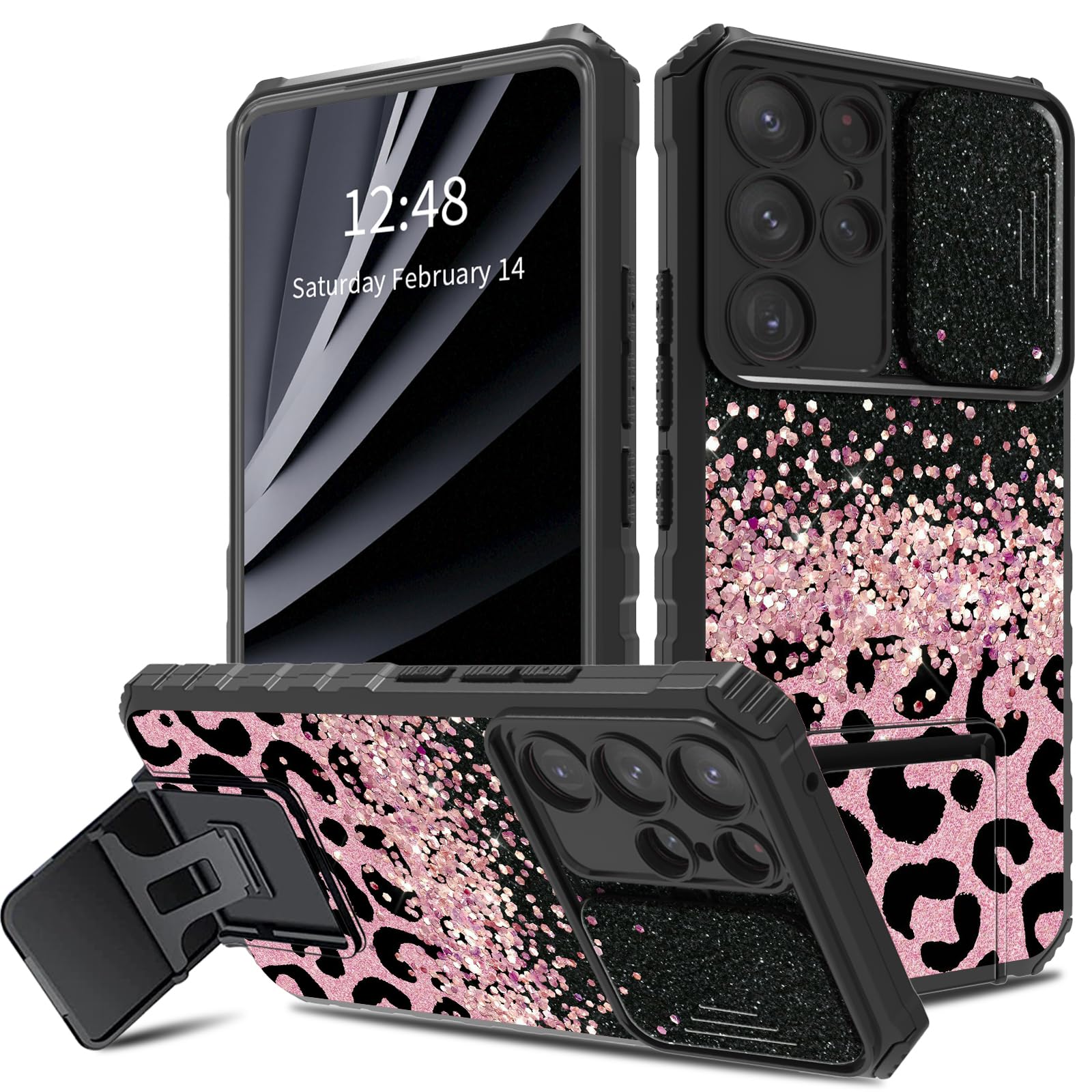 BWEGRHE Pink Glitter Leopard Design for Samsung Galaxy S22 Ultra 5G Phone Case with Slide Camera Cover, Dual Layer Shockproof TPU Bumper Men Women