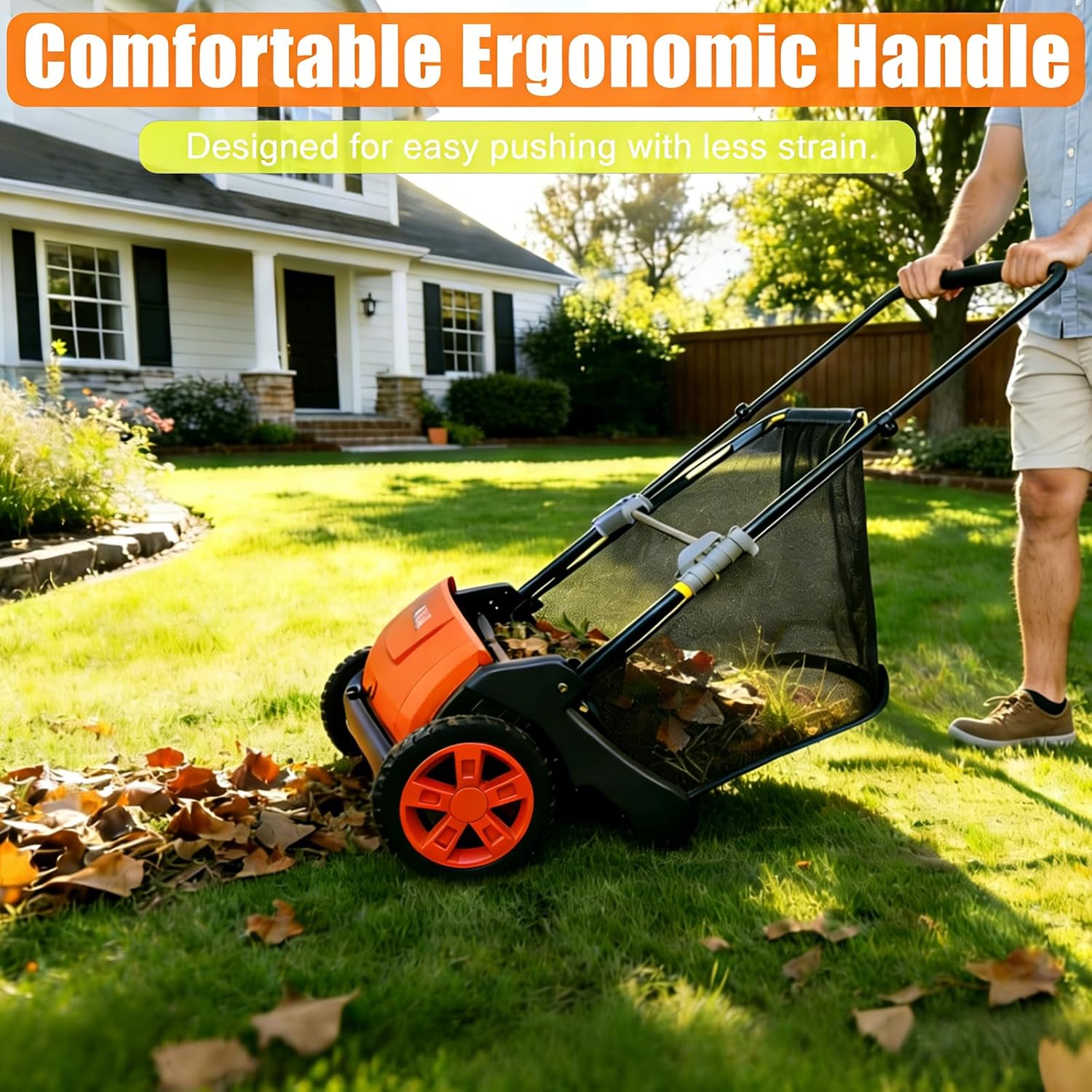 Manual Push Lawn Sweeper 21-Inch, Yard Leaf & Debris Collector with 3.5 Cu. Ft. Collection Bag, Adjustable Brush Height for Lawns & Driveways, Foldable Storage Design