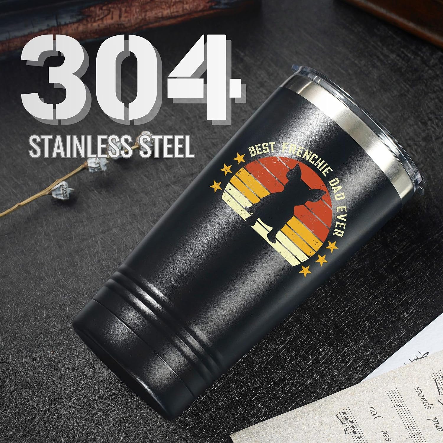Onebttl French Bulldog Gifts, Frenchie Dad Gifts for Men, 20oz Black Stainless Steel Insulated Travel Tumbler - Best Dad Ever