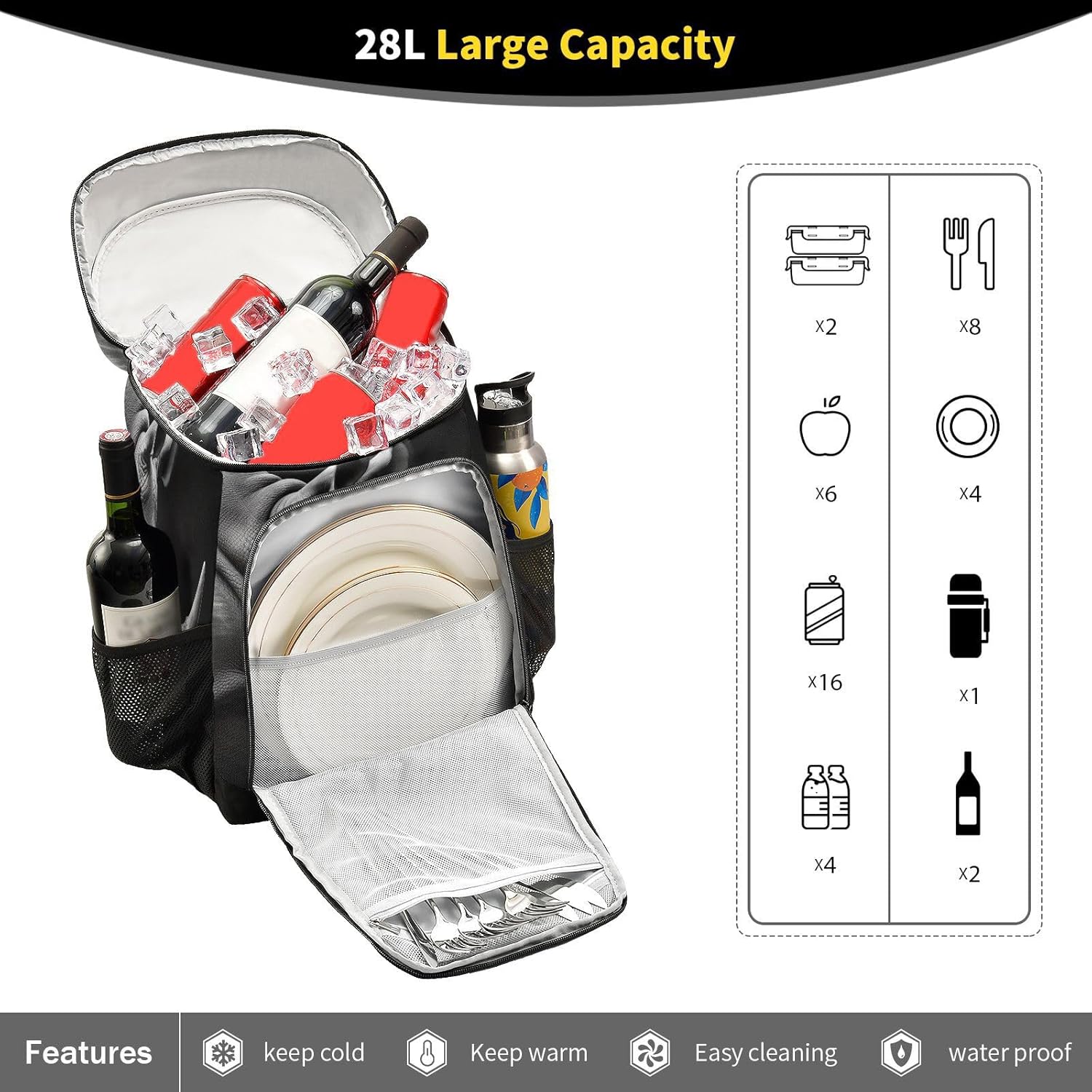 Black Rhinoceros Cooler Backpack 36 Cans Leakproof Waterproof Backpack Cooler Bag Beach Accessories for Women and Men Travel Camping Fishing Backpack