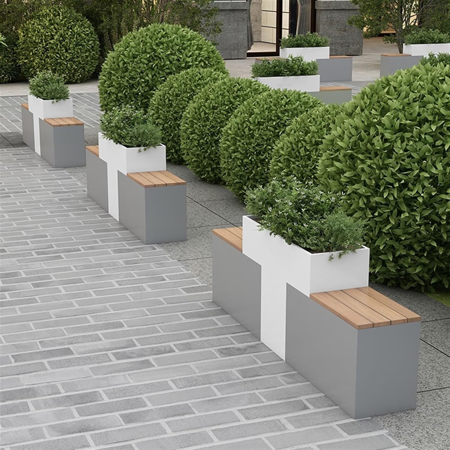 Outdoor Park Planter Bench Outdoor Iron Raised Planter Bench with 2 Garden Benchs Cafe Dining Room Creative Planter Box Partition to Grow Green Plants, Flowers and Vegetables Park Flower Box Bench