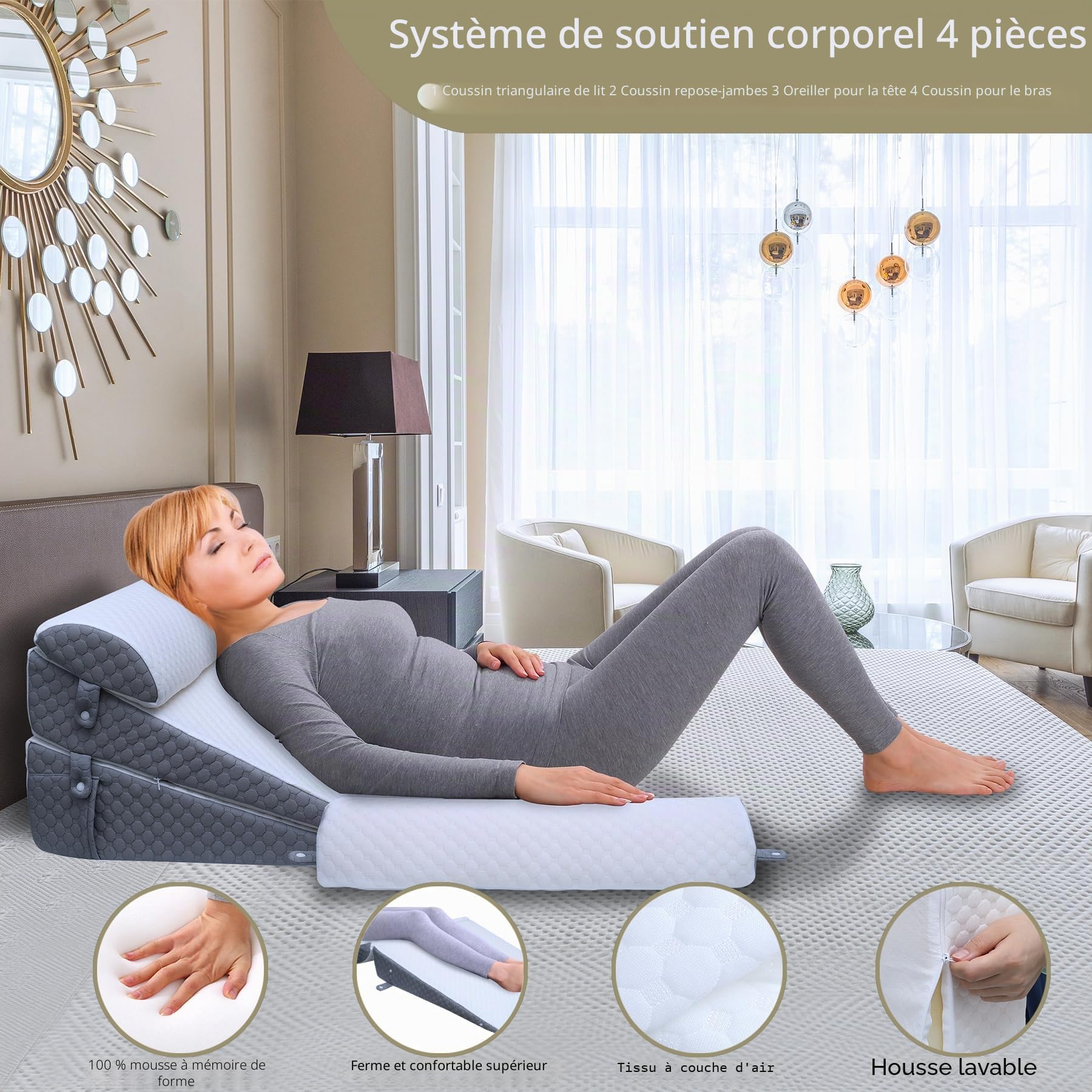 Lot de 4 coussins de lit réglables pour la récupération postopératoire, le soutien du dos, du cou et des jambes, le reflux acide et le RGO, lecture assise, 100 % mousse à mémoire de forme