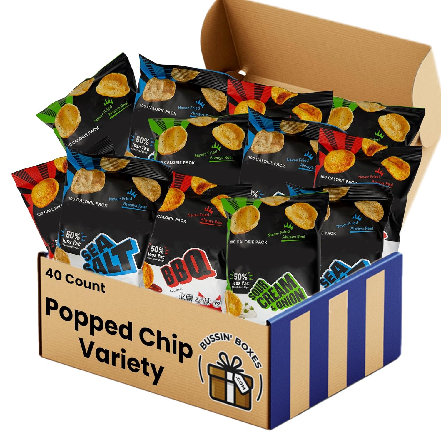 Popped Chip Snack Pack – 40 Count Bulk Box of Individually Wrapped Popped-Style Chips (0.8 oz Each) – Assembled by Bussin Boxes