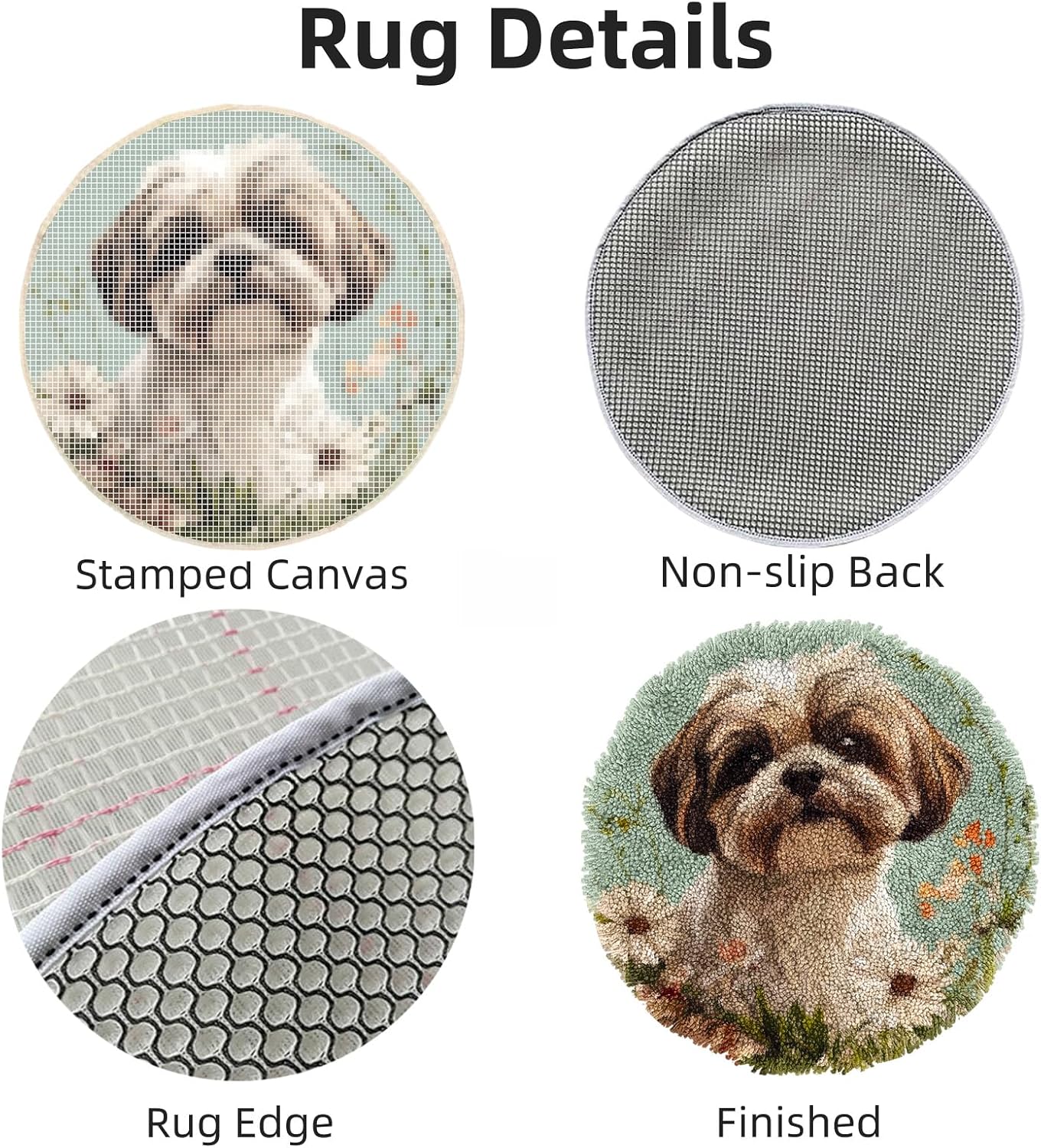 Latch Hook Rug Kit for Adults Shih Tzu Dog and FlowersStamped Handmade Round Shape Carpet Crochet Yarn Craft DIY Hook and Latch Door Mat Tapestry for Home Floor Decor 50x50cm(1)