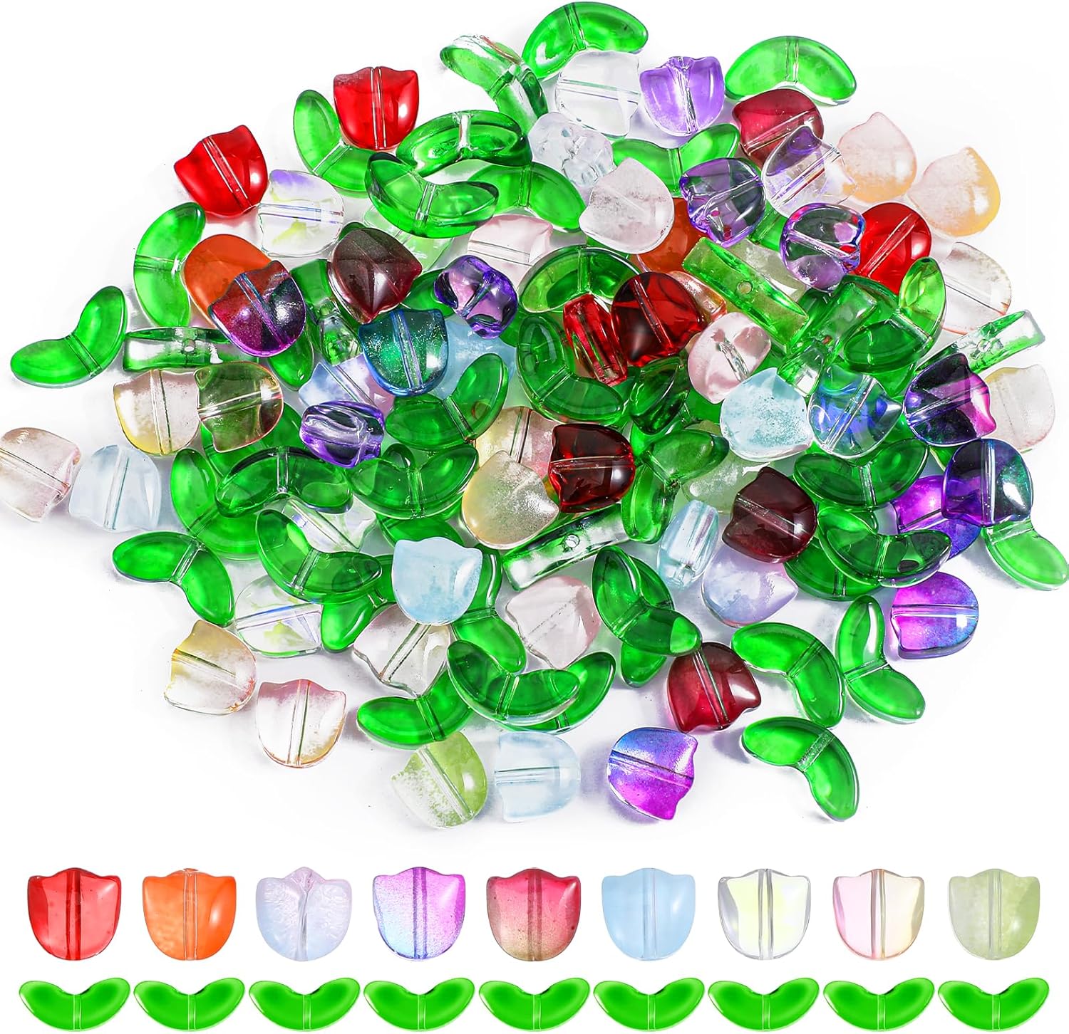 120 Pcs Tulip Flower Beads for Jewelry Making Glass Flower Beads Translucent Bracelet Bead Colorful Handcrafted Crystal Loose Glass Bead for Necklaces Earring DIY Craft Gifts Wedding Birthday